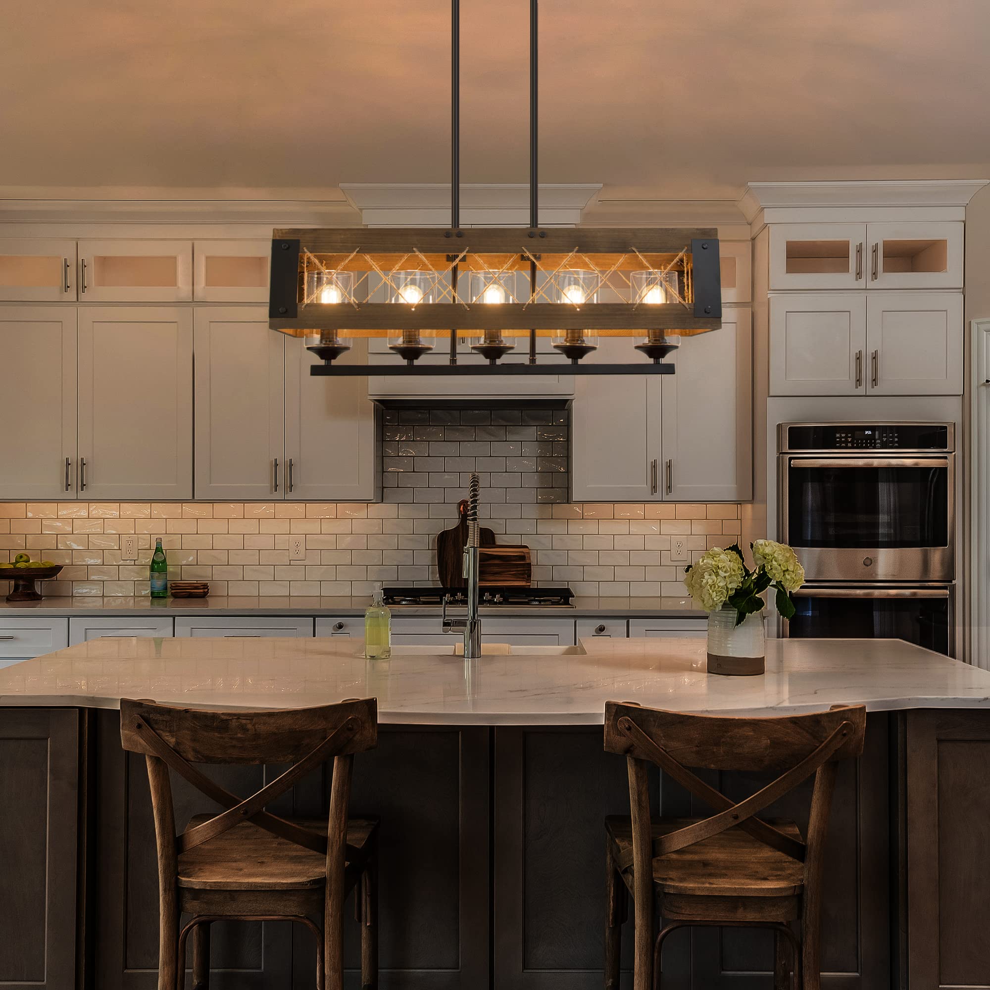Farmhouse Chandelier 5-Light Kitchen Island Pendant Lighting - 32 Inch Rustic Wood & Black Finish with Clear Glass Shades - Perfect for Dining Room, Kitchen Island, and Farmhouse Decor
