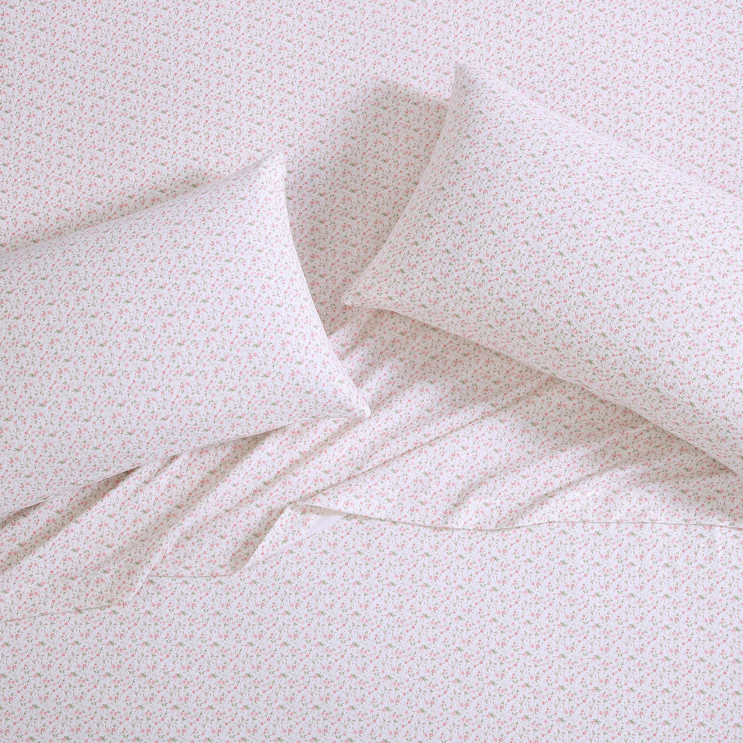 Laura Ashley Home - 4-Piece King Size Cotton Flannel Bedding Set | Ultra Soft Brushed Finish | Evie Pink/Green/White Pattern | Warm & Cozy Winter Sheets for Cold Nights | Perfect for Master Bedroom & Guest Room Comfort