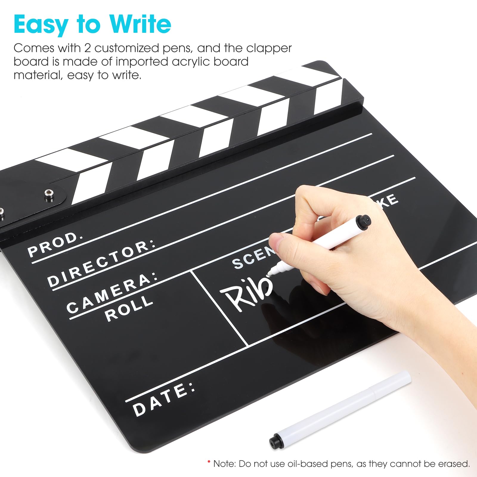 Professional Directors Clapboard for Film & Video Production - Hollywood Slate with Magnetic Blackboard Eraser, 2 Custom Pens, Cleaning Cloth & Hex Wrench - Perfect for Movie Sets, TV Shows, YouTube Videos & Student Filmmaking