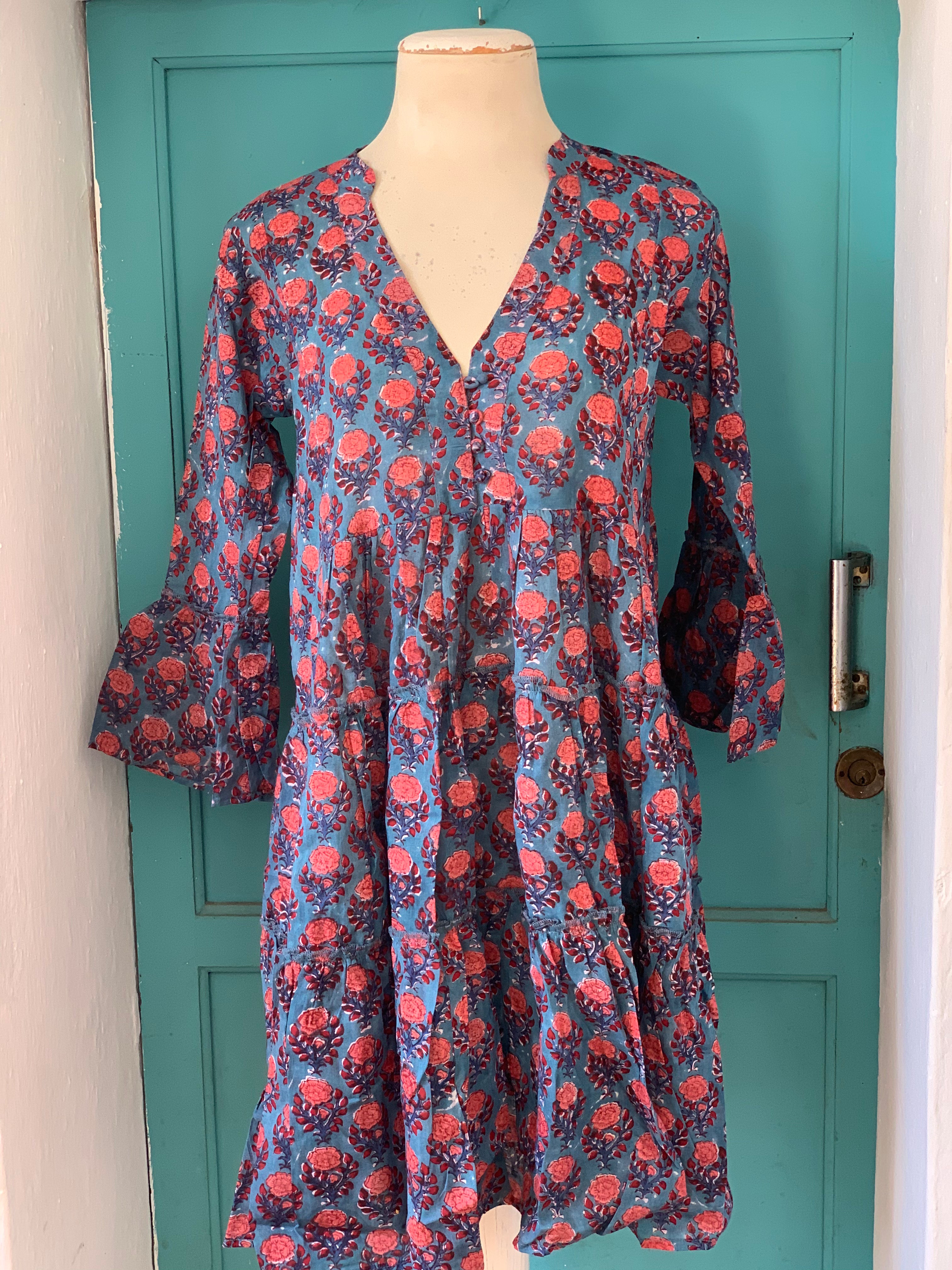Stylish Geo Print Short Dress in Blue & Red - Perfect for Summer Outings, Beach Vacations, and Casual Parties