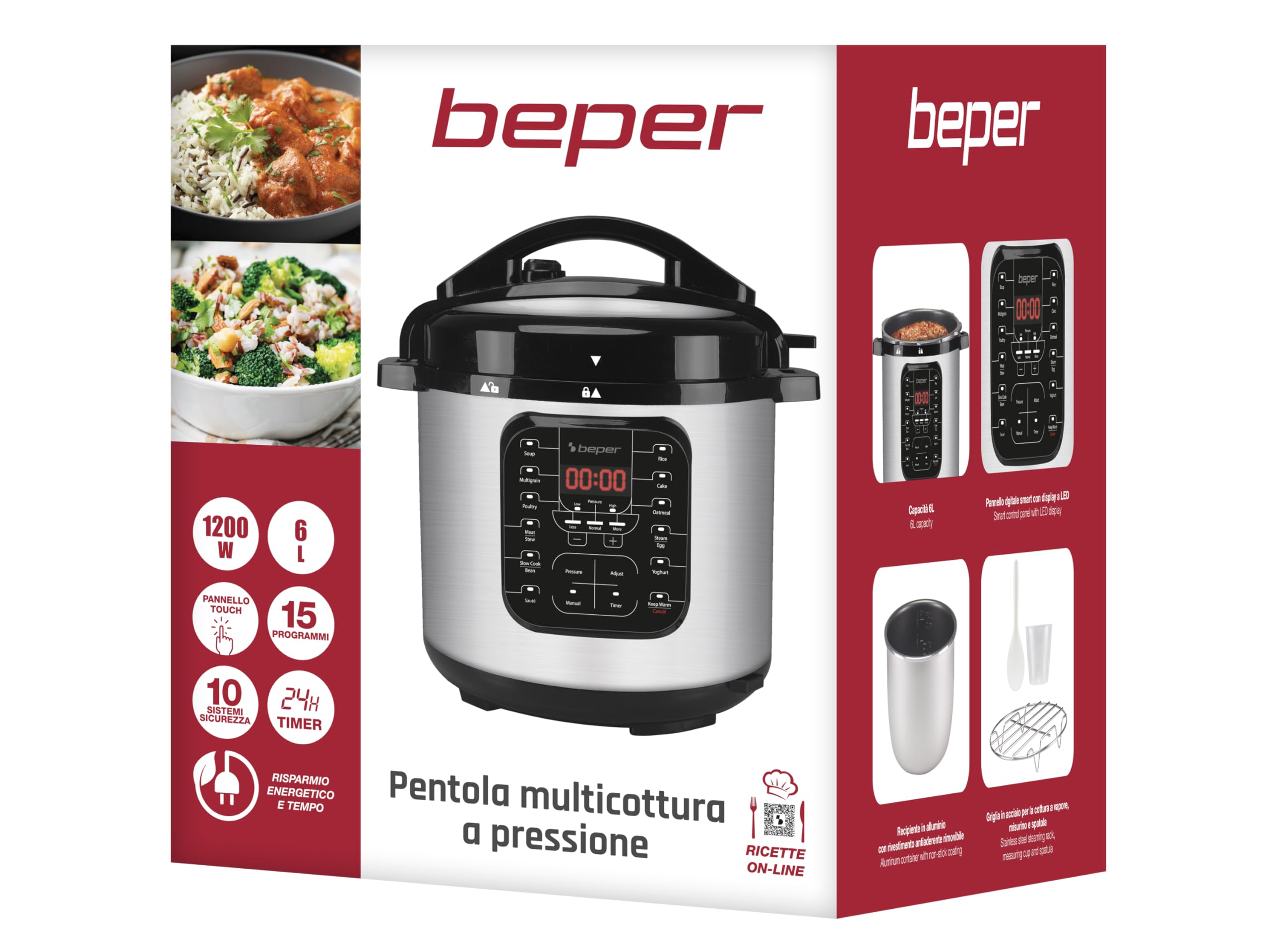 BEPER P101COS001 6L Electric Pressure Cooker with 15 Cooking Programs - Multi-Cooker, Slow Cooker & Steamer, Stainless Steel for Home Kitchen | Perfect for Meal Prep, Soups, Rice & Healthy Cooking
