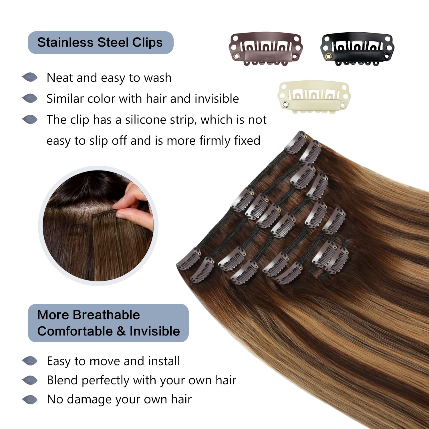Sunya 20 Inch Real Human Hair Clip-in Extensions - Balayage Chocolate Brown to Caramel Blonde Ombre - 8pcs/120g - Perfect for Volume & Length - Great for Parties, Weddings & Daily Styling