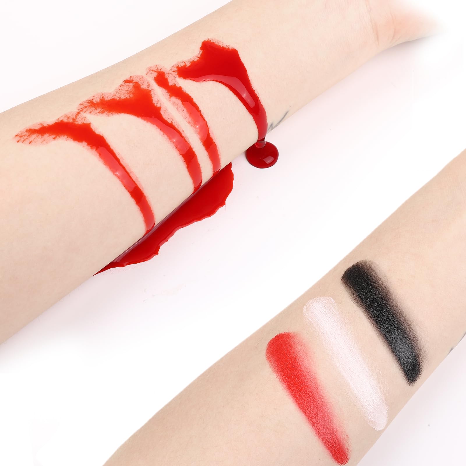 6PCS Halloween Makeup Kit with Fake Blood, Black White Red Face & Body Paint, Vampire Teeth & Stipple Sponge - Perfect for Costume Parties, Cosplay, Horror Makeup & Halloween Dress Up