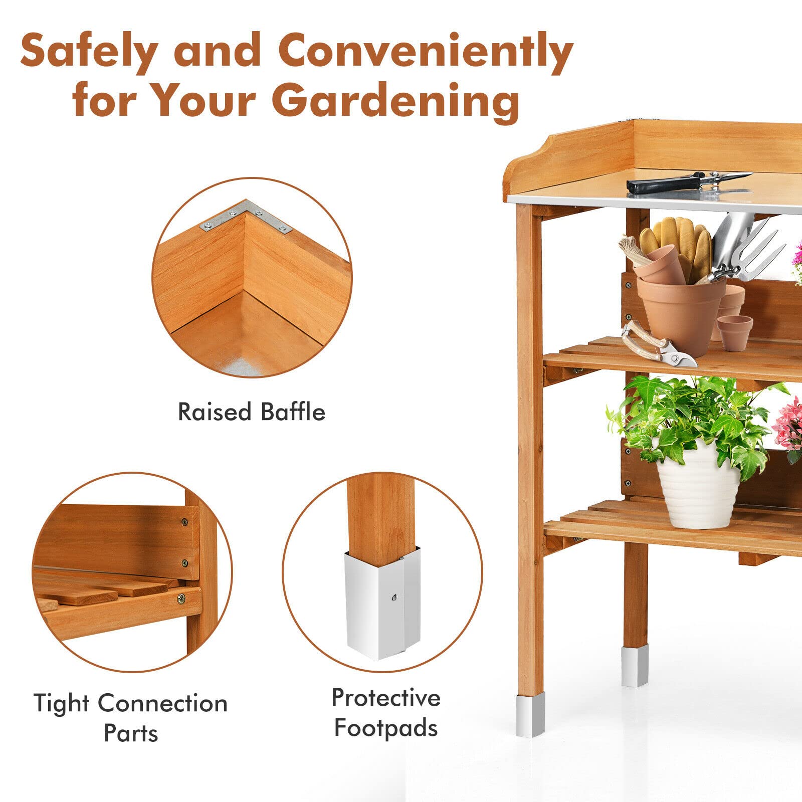 SAFSTAR Fir Wood & Metal Potting Bench with Open Shelves & Hanging Hooks - Heavy Duty Garden Workstation for Planting, Transplanting, and Outdoor Gardening - Perfect for Backyard, Balcony, and Greenhouse Use