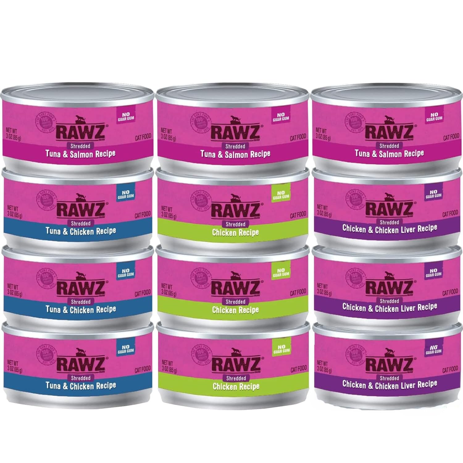 Rawz Natural Premium Canned Cat Wet Food Shredded - 12 Pack Variety (4 Flavors: Tuna & Salmon, Chicken & Liver, Tuna & Chicken, Chicken) - 3oz Cans with Yow Pet Lid - Grain-Free High Protein Meal for Indoor & Outdoor Cats - Perfect for Travel & Daily Feeding