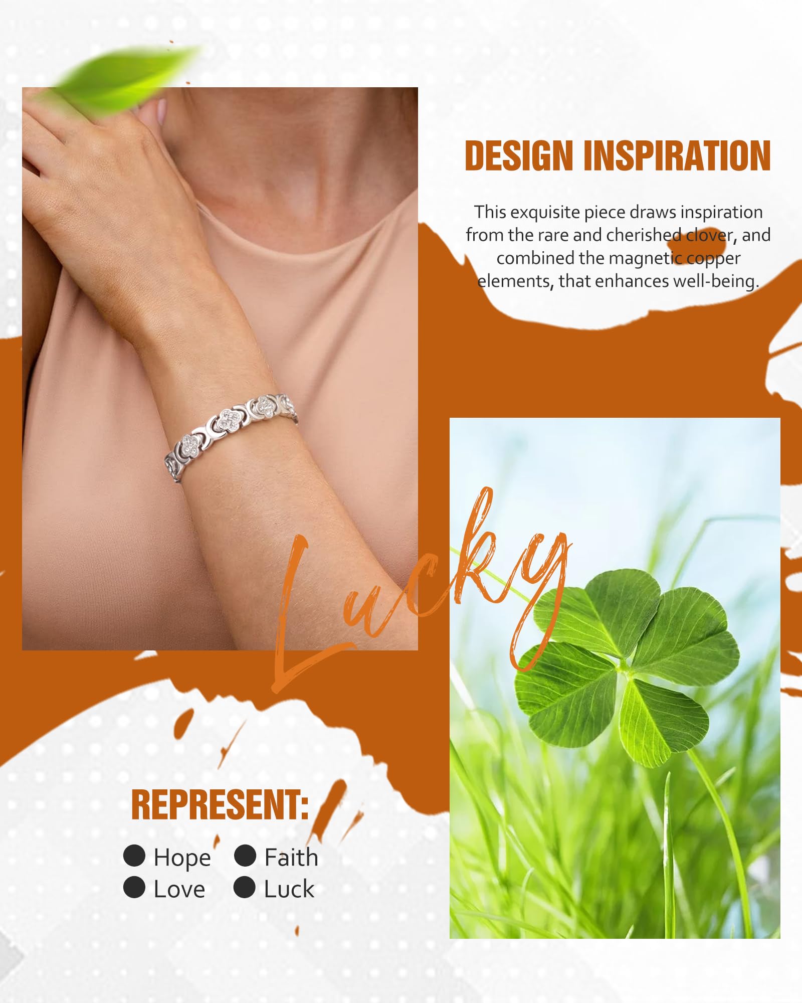 Jecanori Copper Magnetic Bracelet for Women - 3500 Gauss Magnets for Pain Relief & Healing, Four-Leaf Clover Design (Silver) - Perfect for Arthritis, Joint Pain & Wellness Therapy