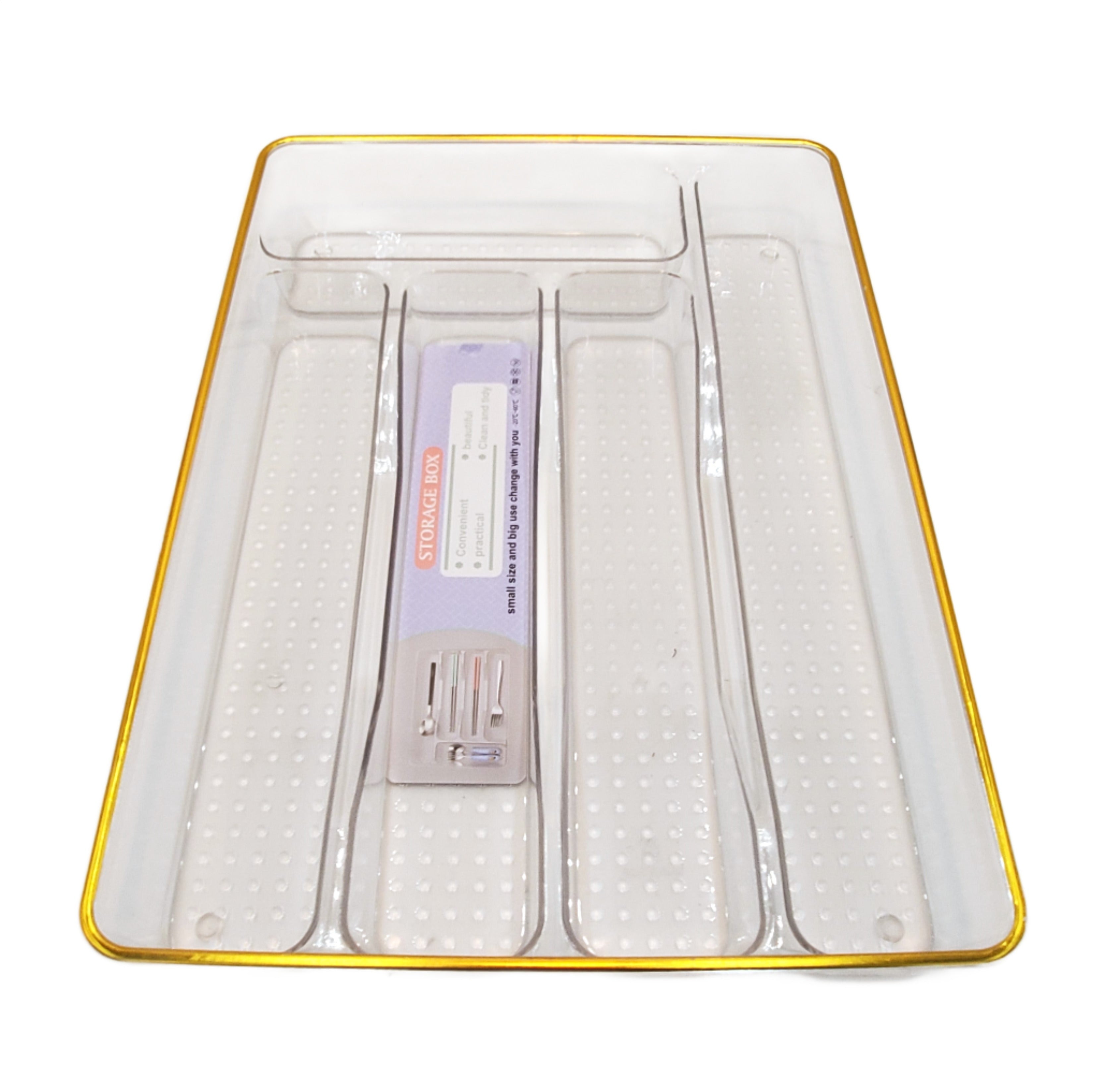 13x9.25 Inch Clear Gold Plastic Cutlery Tray - Perfect for Party Supplies, Kitchen Organization, and Buffet Serving