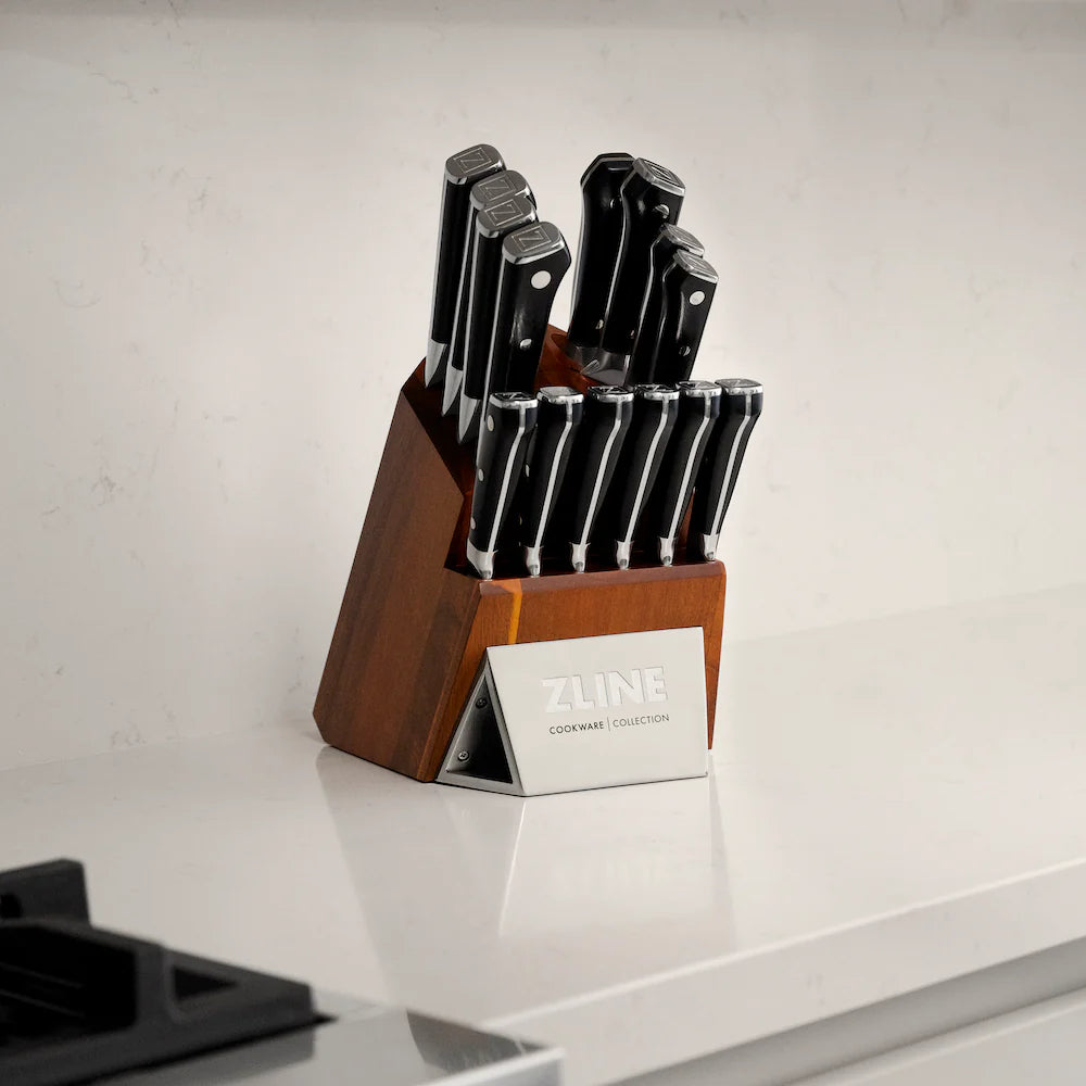 Zline 15-Piece Professional German Steel Kitchen Knife Block Set - High-Quality Chef Knives, Utility Knives & Steak Knives for Home & Restaurant Use (KSETT GS 15) | Perfect for Cooking, Slicing, Dicing & Food Prep in Professional Kitchens & Home Culinary Enthusiasts
