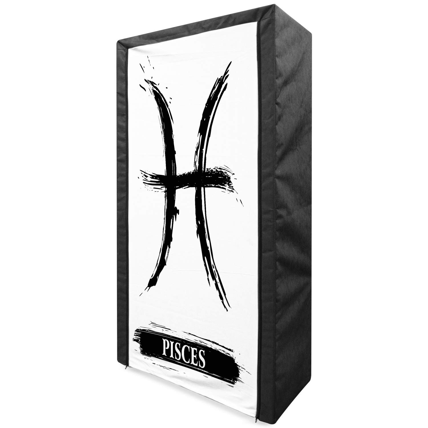 Lunarable Zodiac Pisces Fabric Wardrobe - Sketch Style Horoscope Monochrome Ink Splatter Design, Portable Clothing Organizer with Shelves (33.5 Inch, Black & White) - Perfect for Bedroom, Dorm, or Apartment Storage