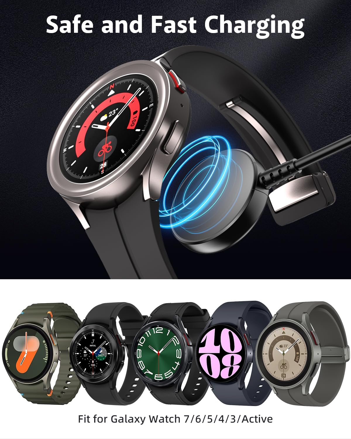 2-Pack Samsung Galaxy Watch Charger - Magnetic Wireless USB Charging Dock Compatible with Galaxy Watch 7/6/6 Classic/5/5 Pro/4/4 Classic/3/Active Ultra/FE - 3.3ft Cable for Home, Office & Travel Use