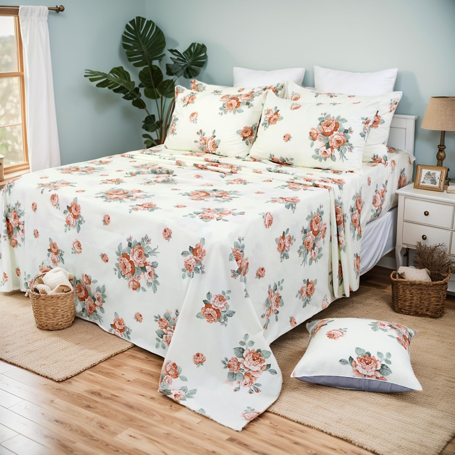 Vintage Rose Floral Bed Sheet Set 4Pcs - Cal King Size, 100% Cotton Farmhouse Bedding with Deep Pocket Fitted Sheet, Elegant Off-White Shabby Chic Design for Master Bedroom, Guest Room & Cozy Home Decor
