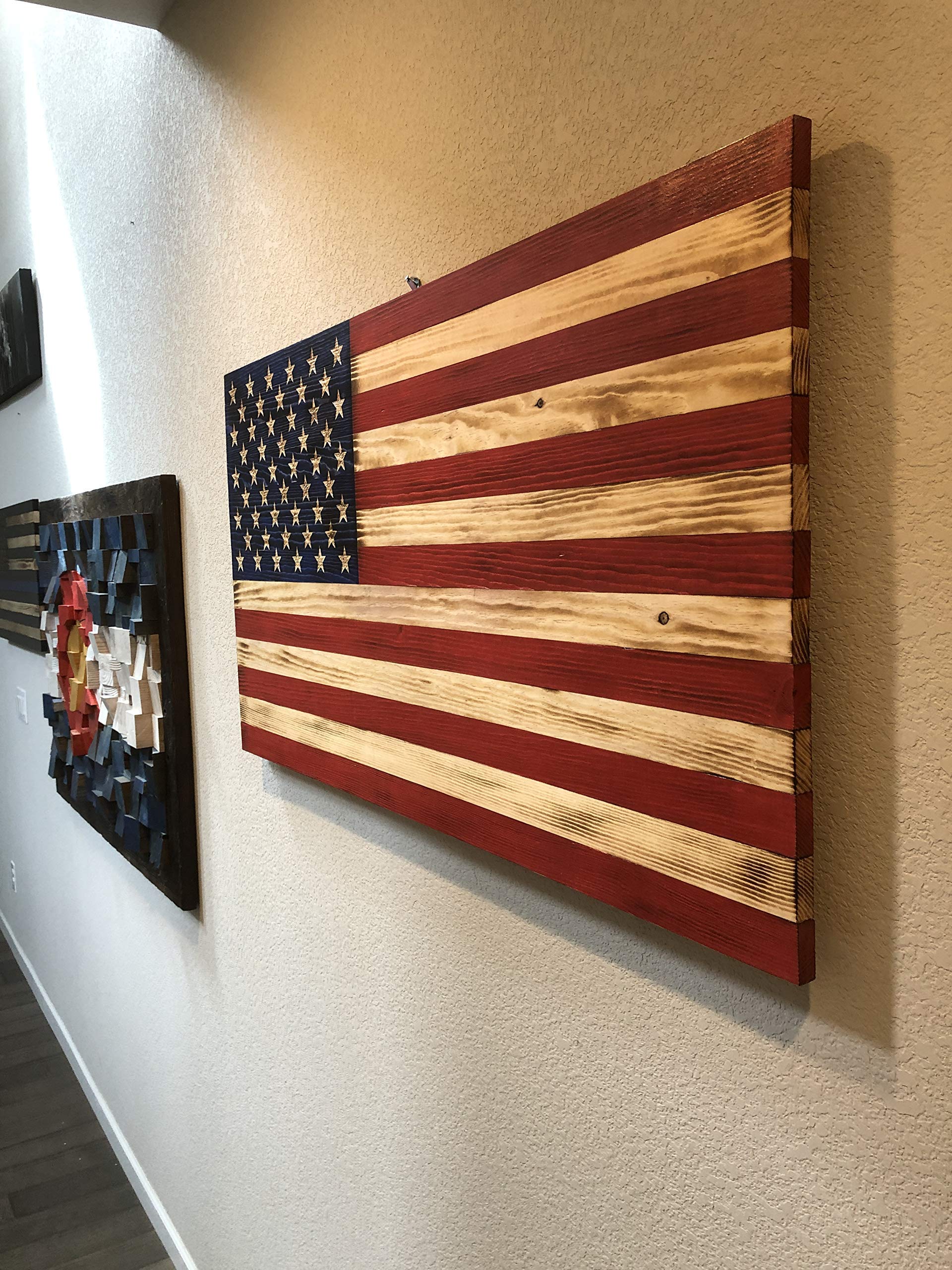 Handcarved Wooden American Flag Wall Art - Large, X-Large & Jumbo Sizes | Rustic Handmade Wood Flag Decor | Patriotic Home & Office Wall Décor | Perfect for Living Room, Bedroom, Man Cave or Gift