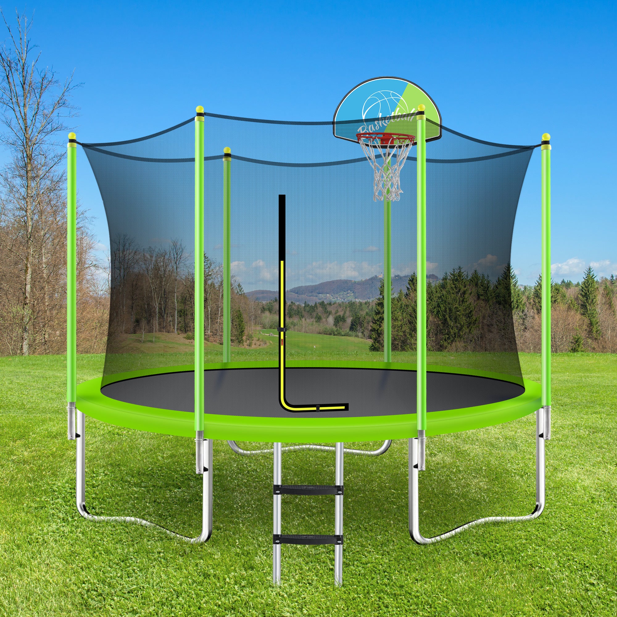 10FT Kids Trampoline with Safety Enclosure Net, Basketball Hoop & Ladder - Easy Assembly Outdoor Round Bouncer for Backyard, Garden & Playground Fun