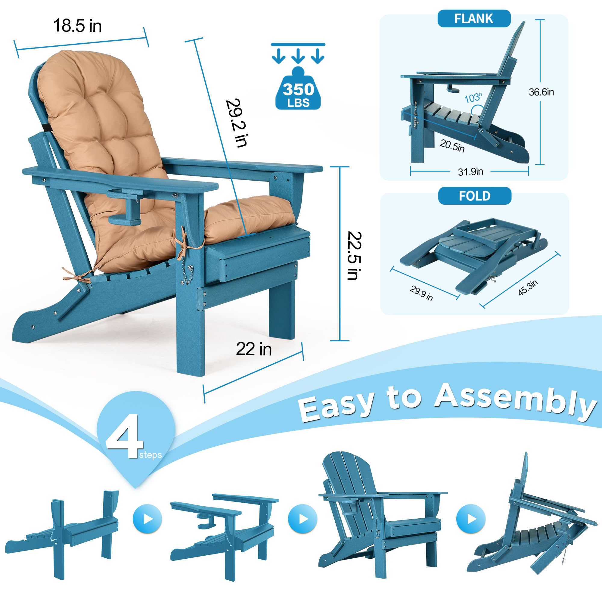 Nalone 2-Pack Folding Adirondack Chairs with Cushions & Cup Holders - HDPE Plastic Oversized Weather-Resistant Outdoor Patio Chairs for Backyard, Deck, Garden, Poolside, Camping & Fire Pit (Blue)
