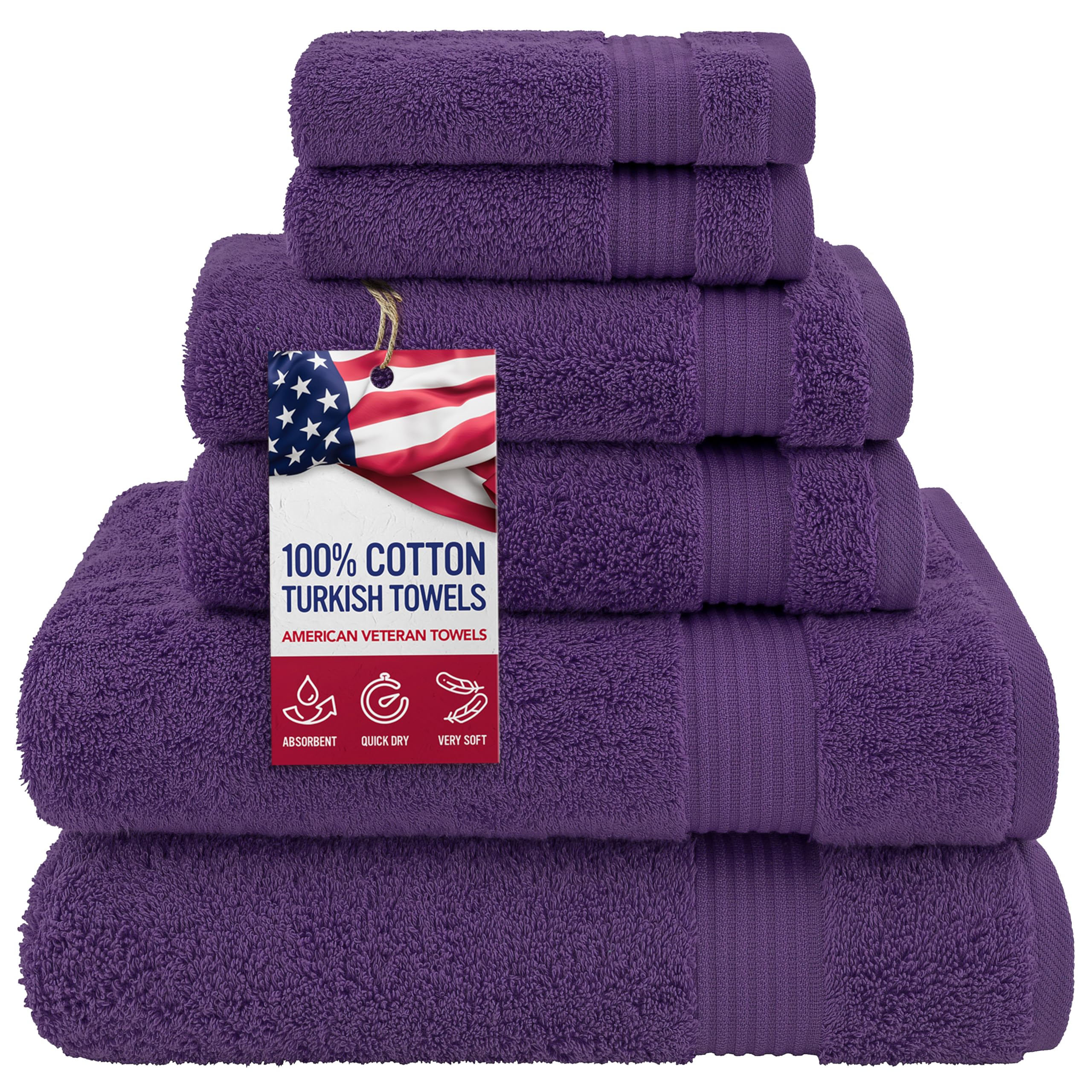Premium 100% Cotton Turkish 6-Piece Bath Towel Set - 2 Bath Towels, 2 Hand Towels & 2 Washcloths - Ultra Soft & Absorbent Luxury Towels for Spa, Bathroom & Guest Use - Purple