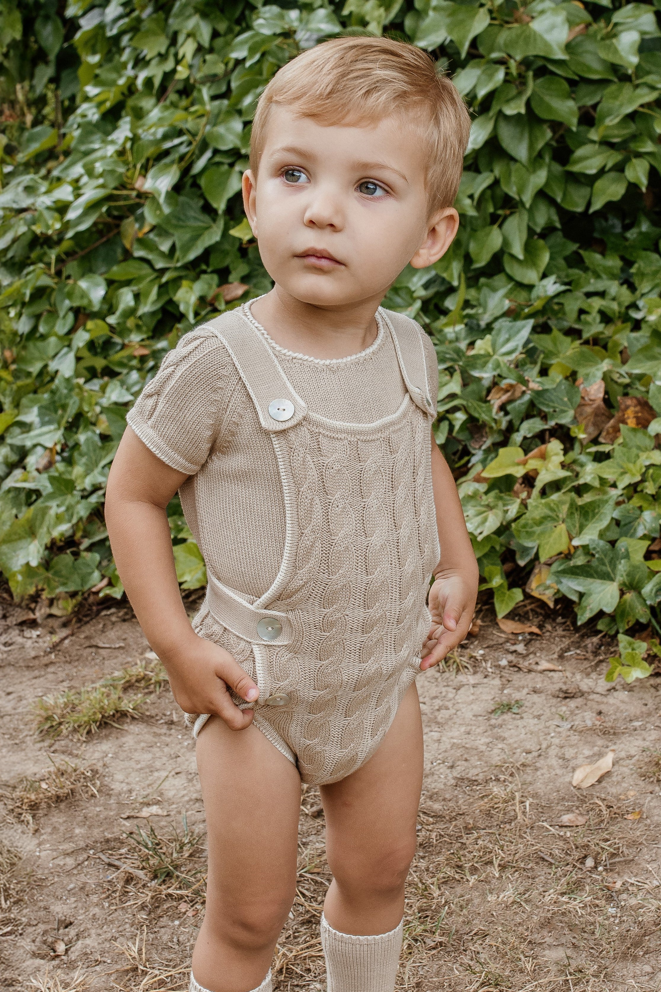 Henry Camel & Cream Cable Knit Dungaree Romper Set - Baby Girls' Winter Outfit for Photoshoot, Holiday Party & Casual Wear