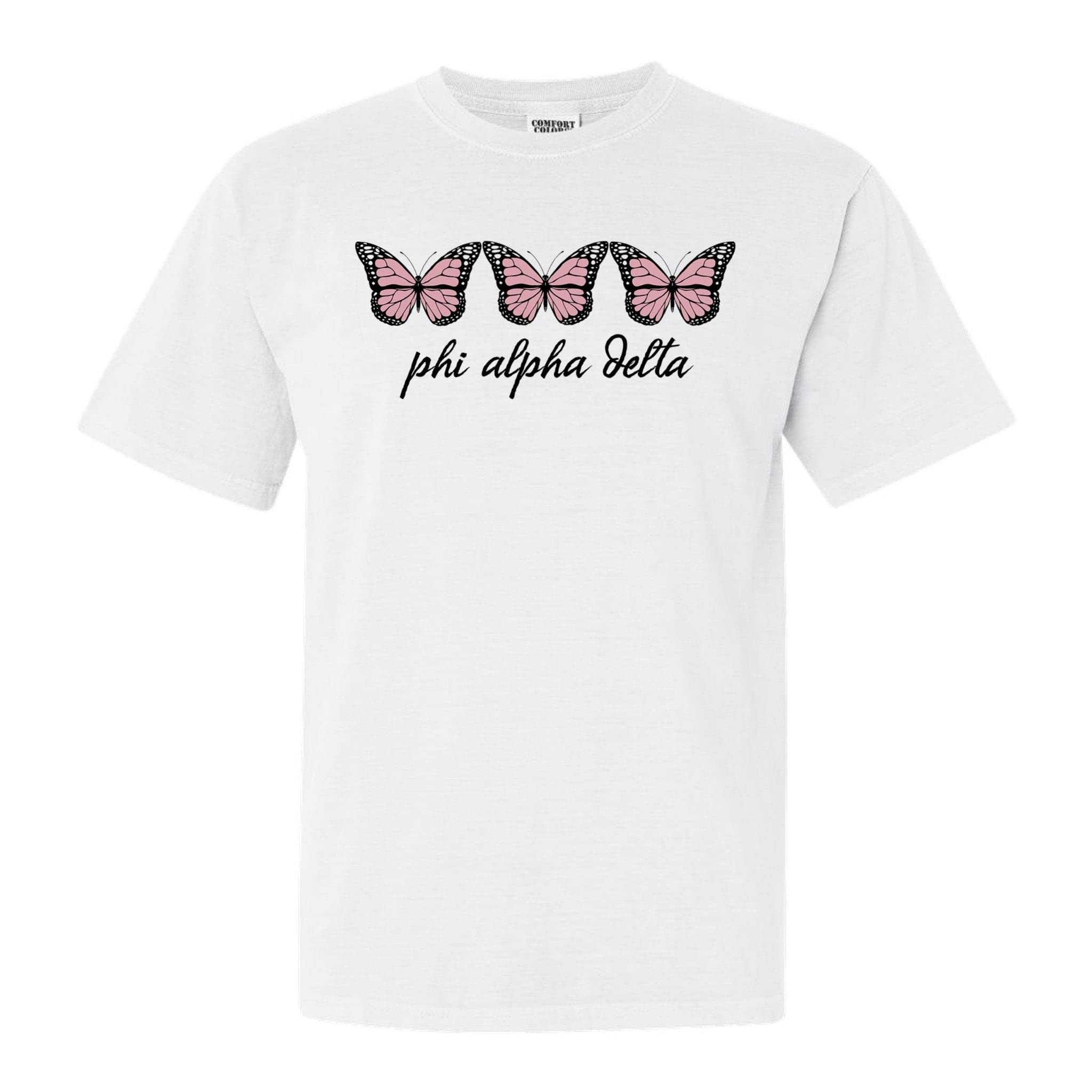 Phi Alpha Delta Trendy Butterfly Comfort Colors T-Shirt - Soft Cotton Vintage Style Graphic Tee for Fraternity, Sorority & College Campus Wear