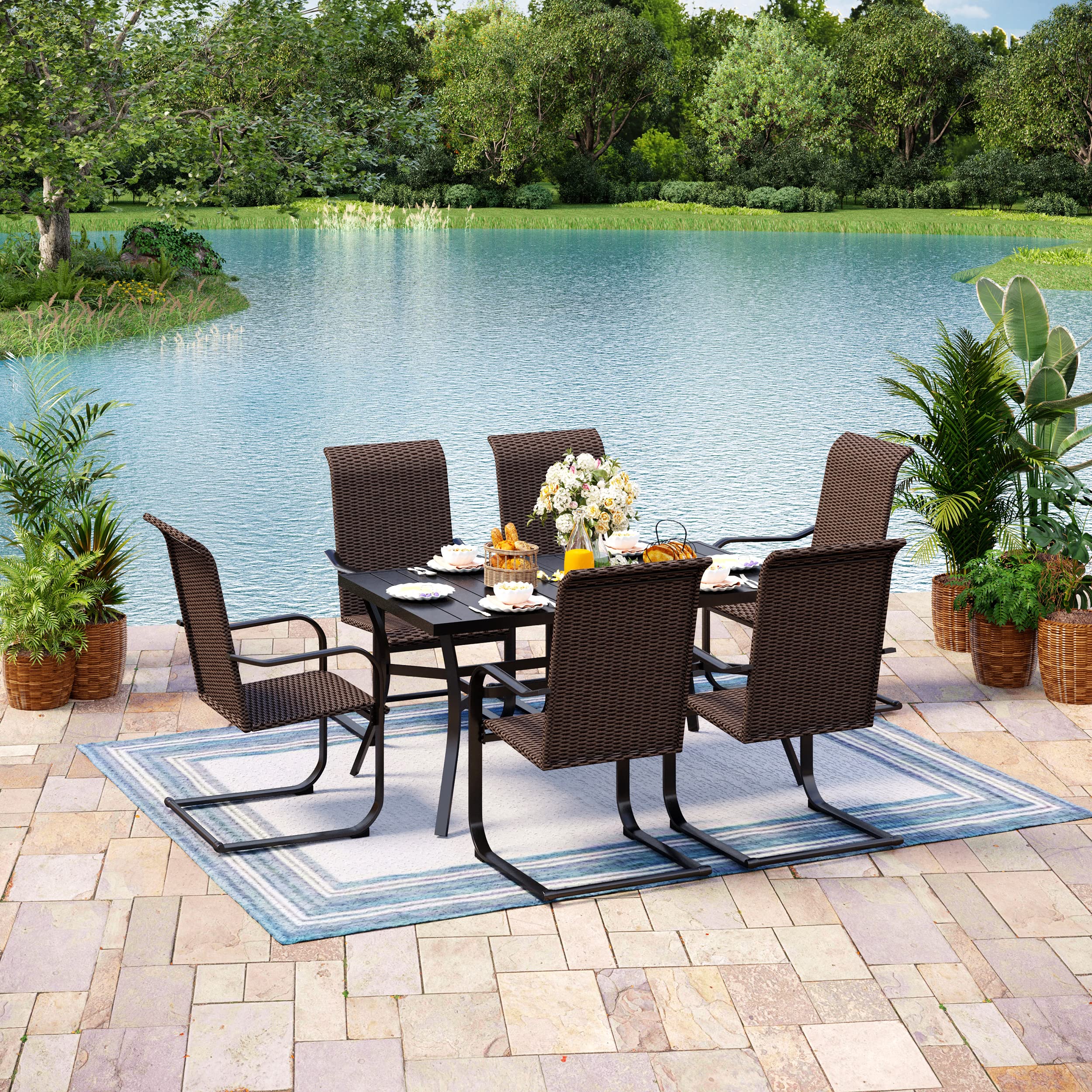 MIXPATIO 7-Piece Outdoor Patio Dining Set - 6 Rattan Chairs & 1 Metal Square Table (37