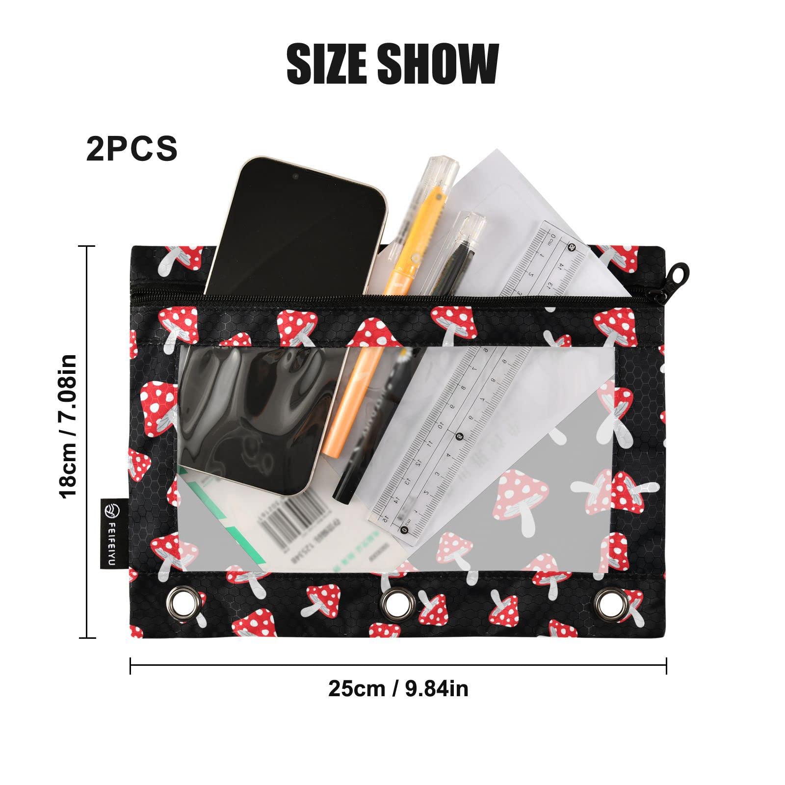 ALAZA 2PCS Cartoon Forest Red Mushrooms Pencil Pouch for 3 Ring Binder - Clear Window Zipper Pencil Case & Cosmetic Bag for Office, College School Supplies - Perfect for Organizing Pens, Makeup & Stationery in Classroom or Work