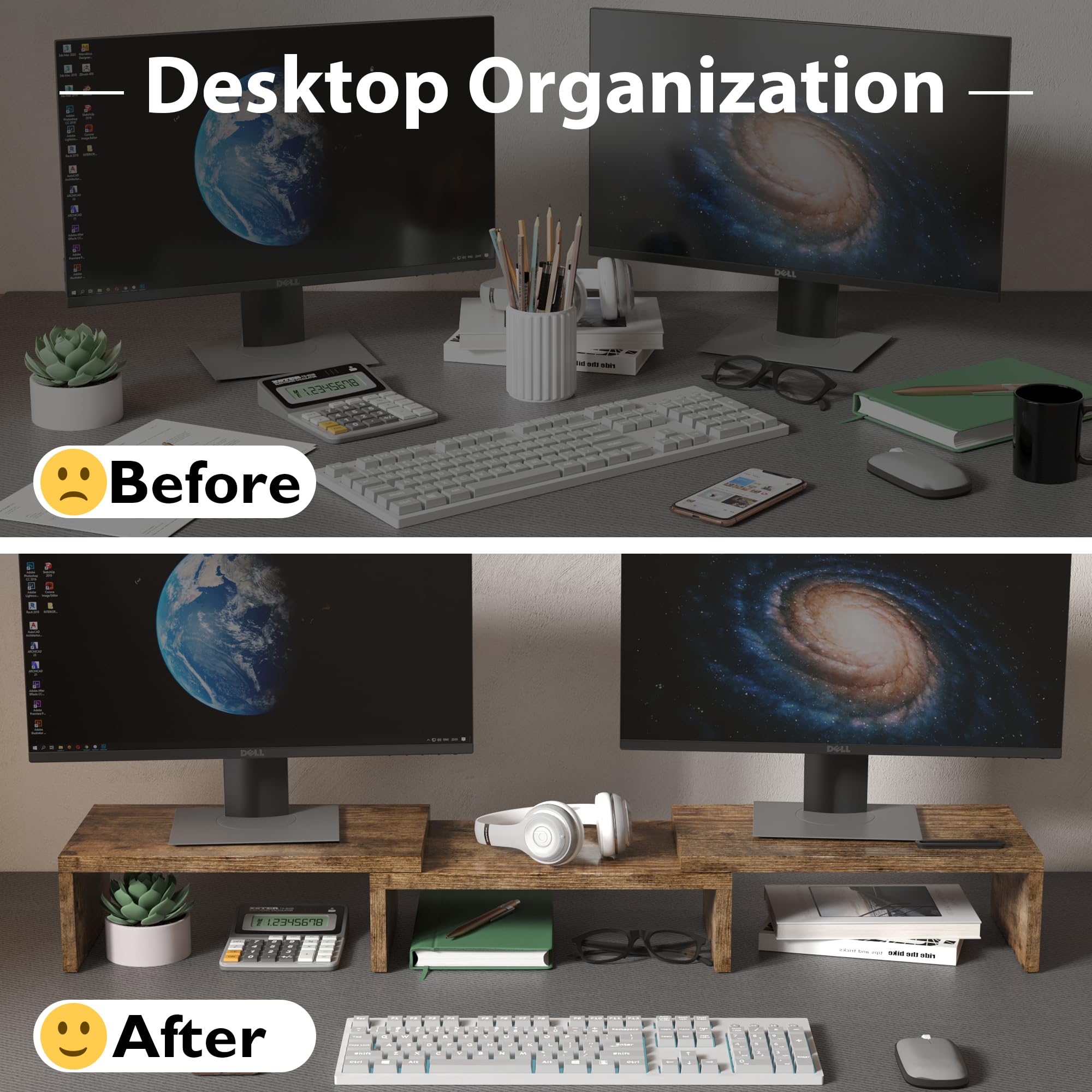BONTEC Adjustable Dual Monitor Stand Riser with Phone Holder - Wooden Desktop Organizer for PC, Laptop & Printer - Swivel Angle & Length Adjustment - Rustic Brown Home Office Workspace Solution
