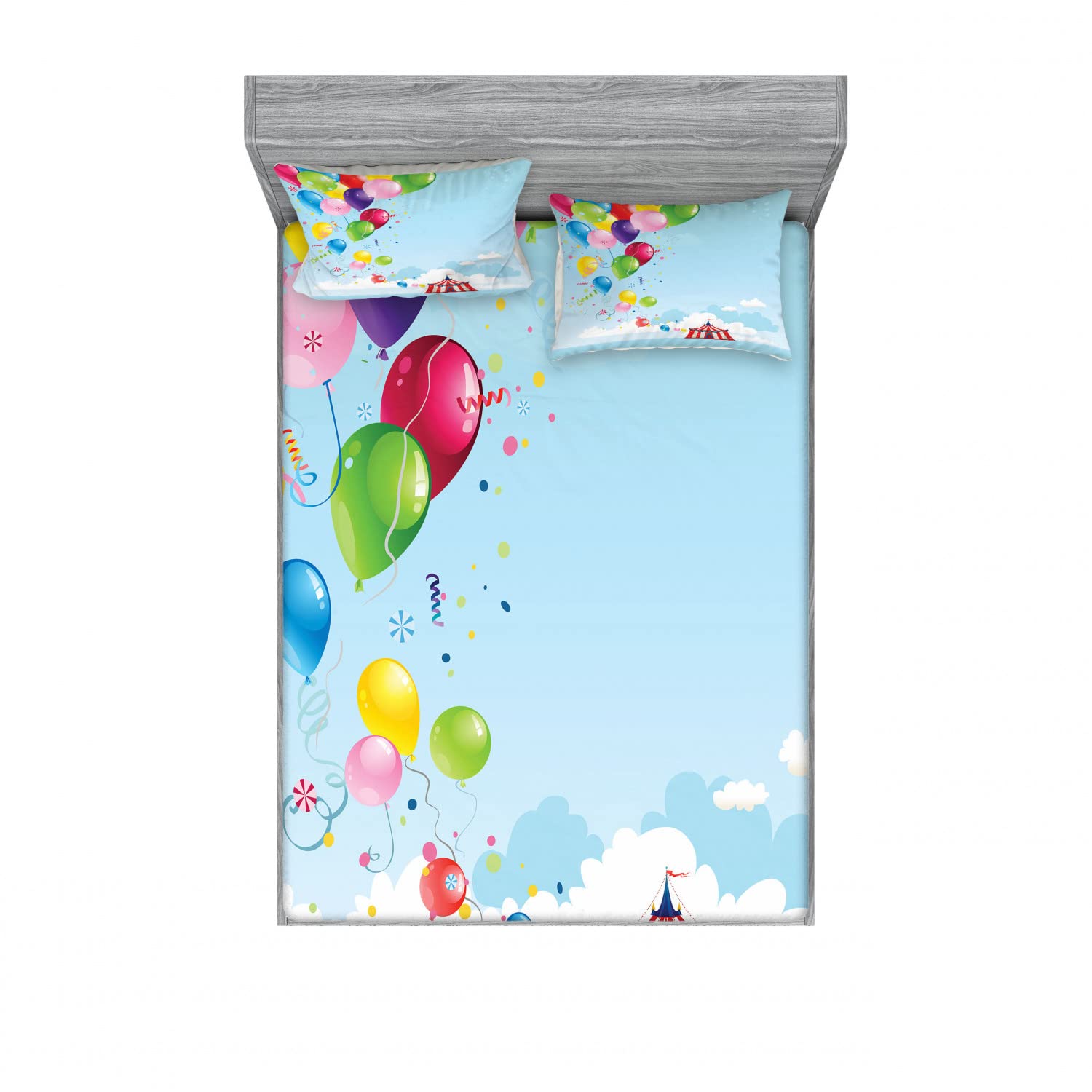 Ambesonne Circus 2-Piece Queen Size Fitted Sheet Set with 4 Pillow Shams - Vibrant Carnival Tent & Balloons Pattern Bedding Decor for Kids & Adults - Perfect for Themed Bedrooms, Sleepovers, and Circus Party Decorations