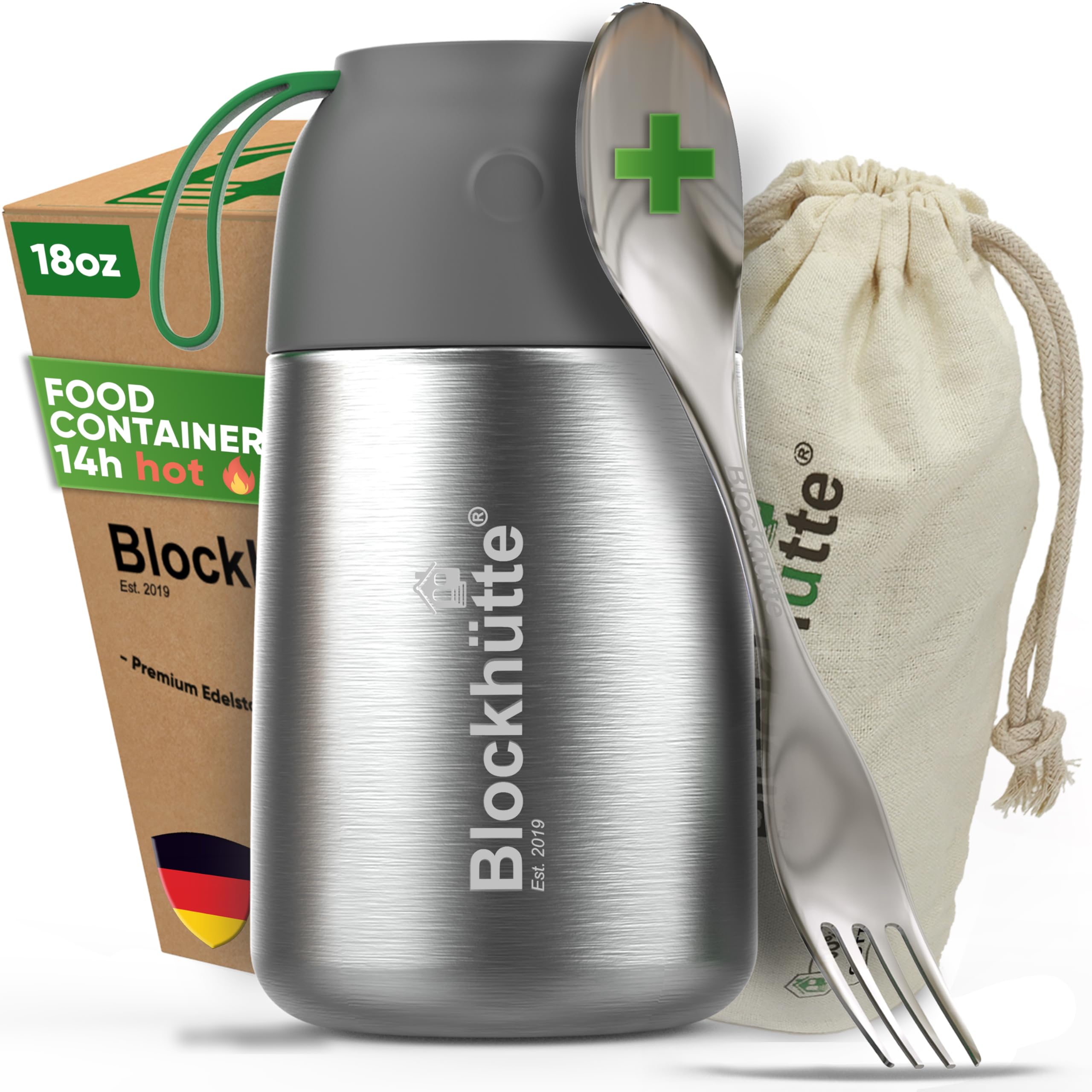 18 oz Insulated Stainless Steel Food Container - Wide Mouth Thermos for Hot & Cold Food - Includes Spork - Perfect for Adults & Kids - Ideal for Lunches, Hiking, Camping, and Office Meals
