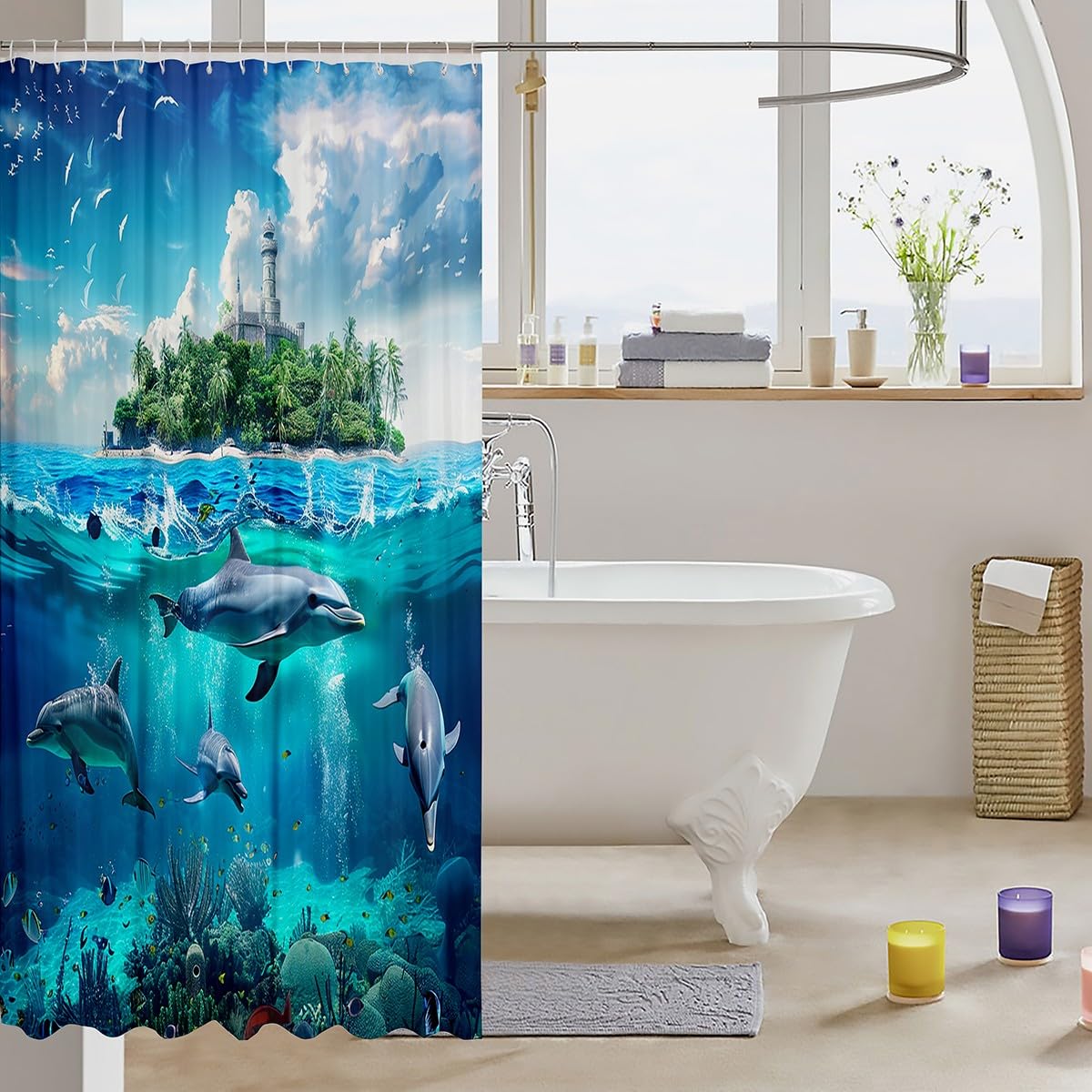 Cute Dolphin Bath Curtain for Kids - Ocean Animal Shower Curtain with Hawaiian Sealife Design, 72x72 Inch Polyester Beach Aquarium Bathroom Decor Set - Perfect for Kids' Bathrooms, Beach-Themed Decor & Coastal Home Accessories
