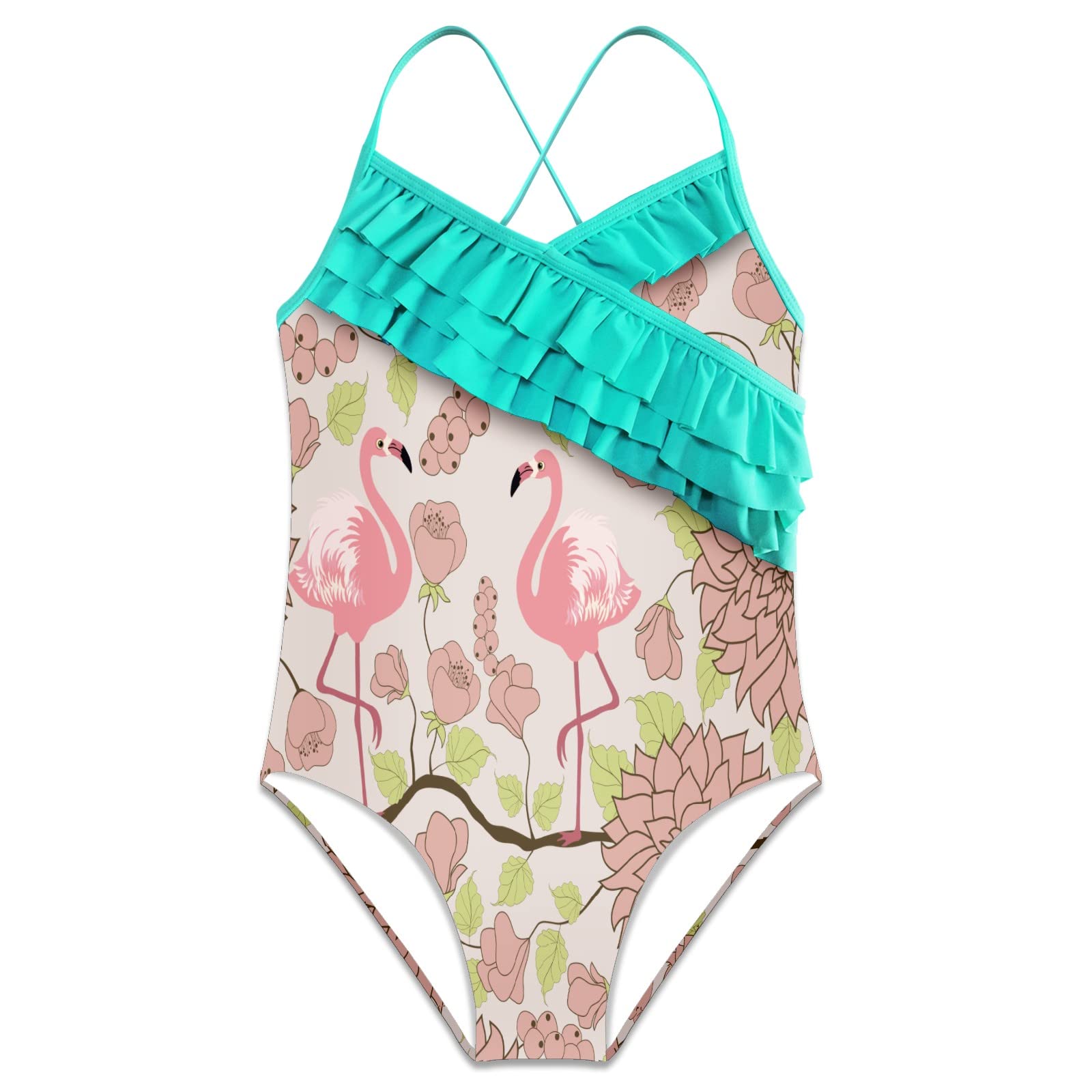 Girls One Piece Swimsuits - Hawaiian Ruffle Swimwear with Flamingo Floral Print for Beach, Pool & Summer Vacation | Cute Bathing Suit for Toddler & Kids
