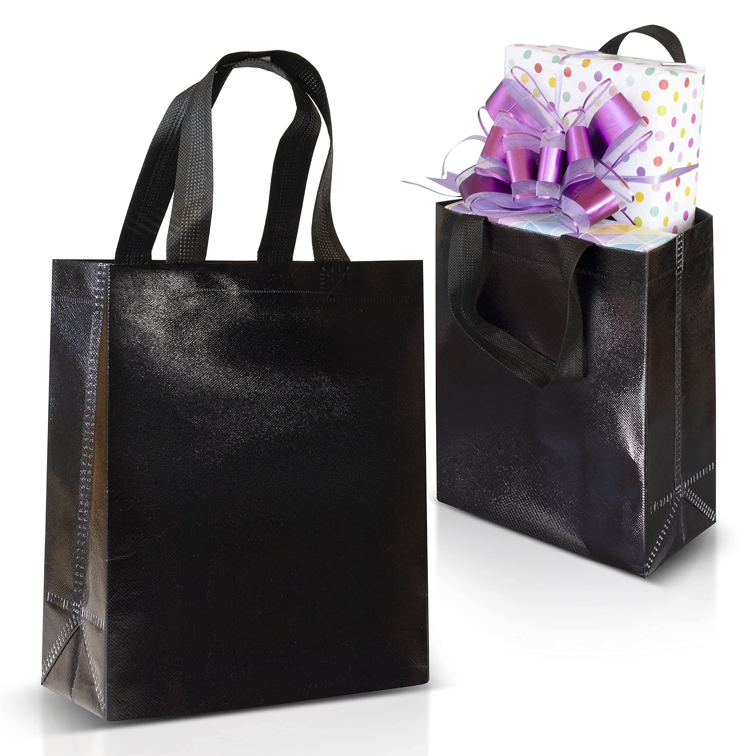 Nush Nush Medium Black Gift Bags Set of 12 - Shiny Reusable Gift Bags with Handles 8x4x10 Inches - Durable Party Favor Bags for Birthdays, Weddings, Baby Showers & Holidays - Bulk Goodie Bags for Events & Celebrations