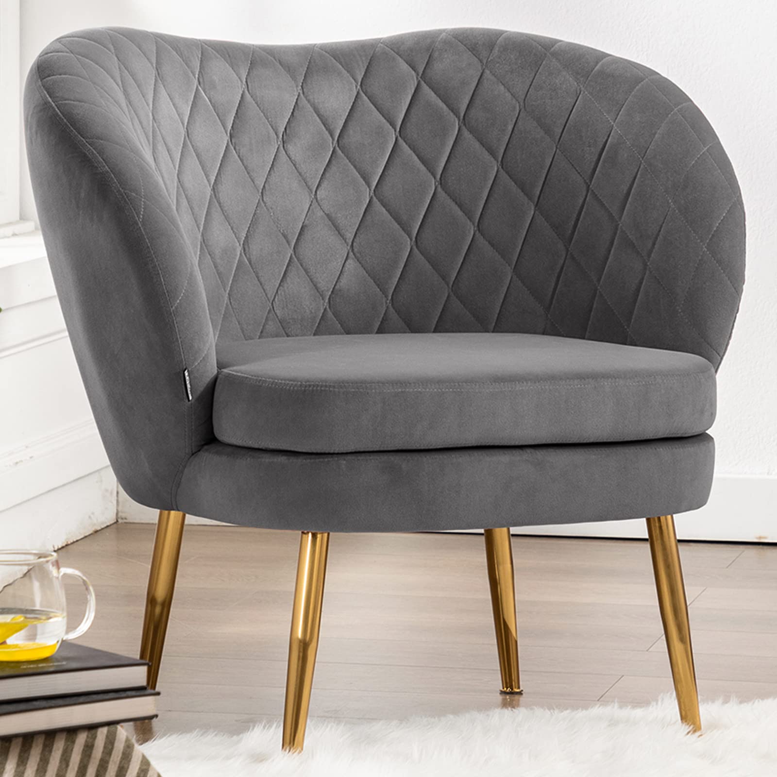 Velvet Accent Chair with Barrel Backrest - Upholstered Armchair for Living Room, Bedroom & Dining Room - Grey - Perfect for Home Decor, Reading Nook & Cozy Relaxation