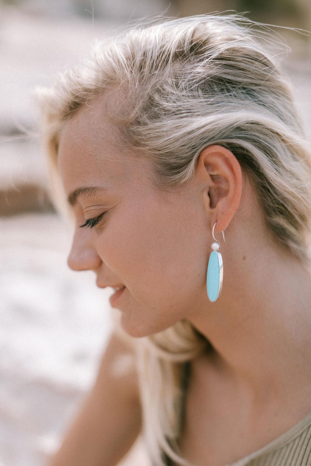 Elegant Long Turquoise & Pearl Earrings in Sterling Silver - Perfect for Weddings, Parties & Special Occasions