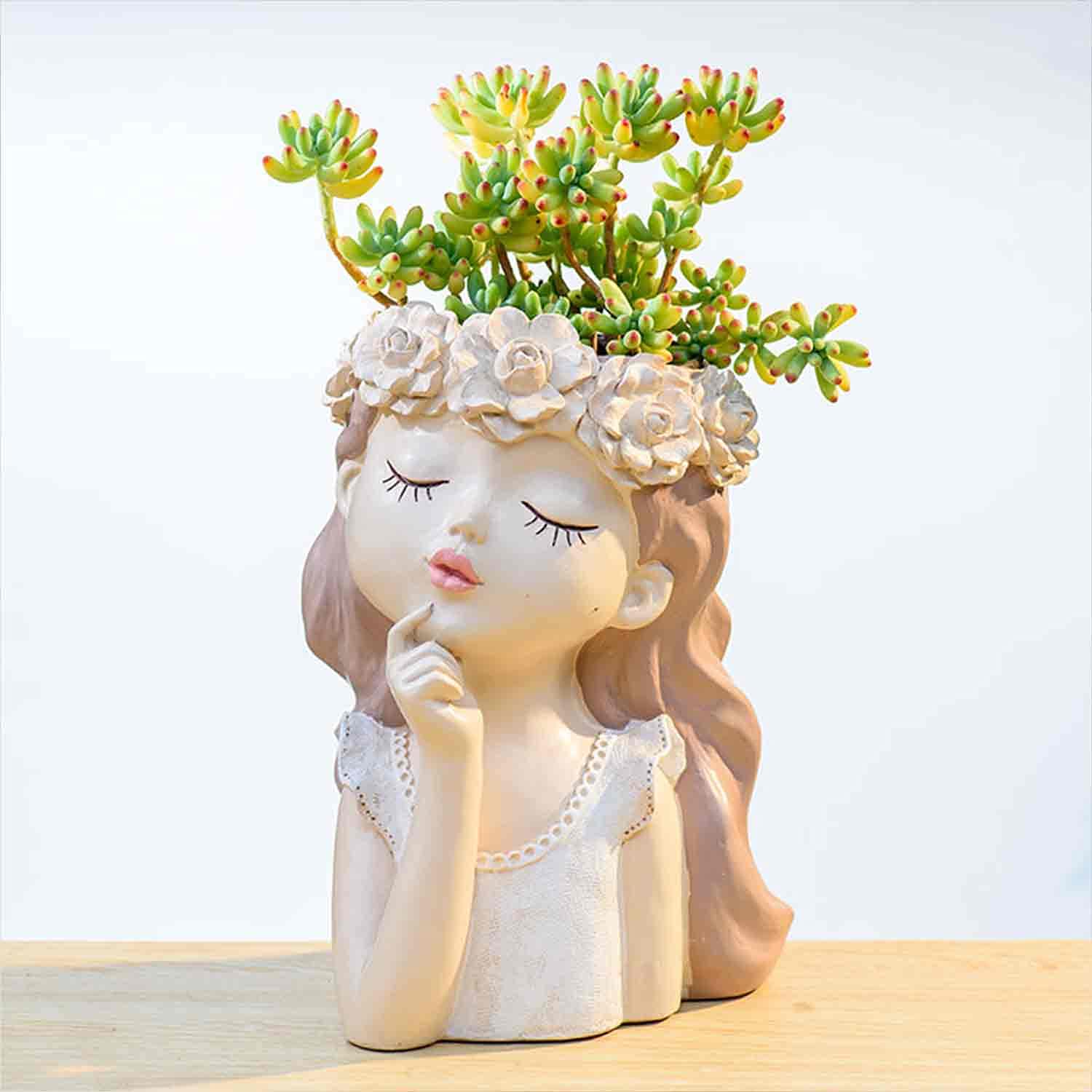 Head Planter Succulent Pots - Cute Resin Face Flower Pot with Drainage for Cactus & Plants - Creative Home & Office Decor Gift for Women & Men (7.3x6.5x10.6 Inch) - Perfect for Indoor Gardens, Desk Decor, and Unique Housewarming Gifts