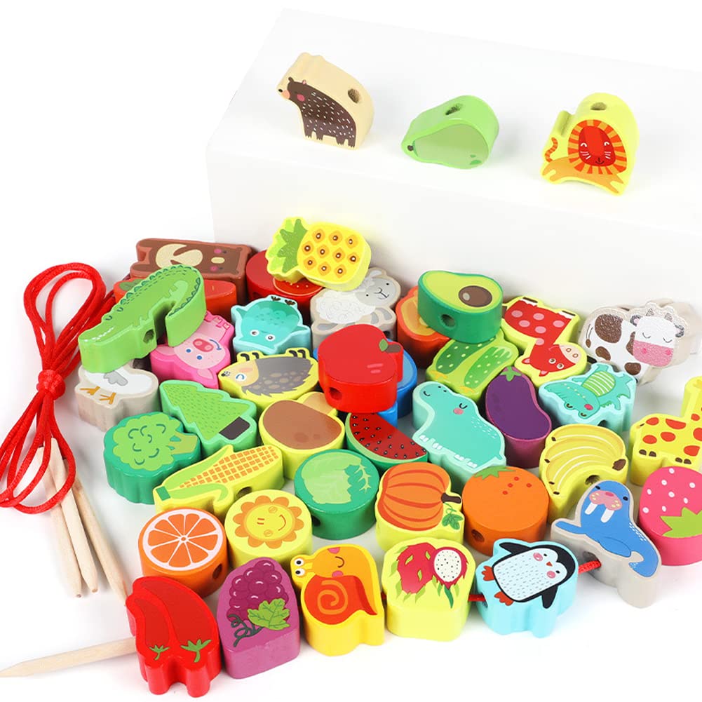 **Wooden Lacing Beads Set - 42pcs Montessori Educational Toy for Toddlers, Animals & Fruits Threading Beads for Fine Motor Skills Development - Perfect for Preschool Learning & Sensory Play**