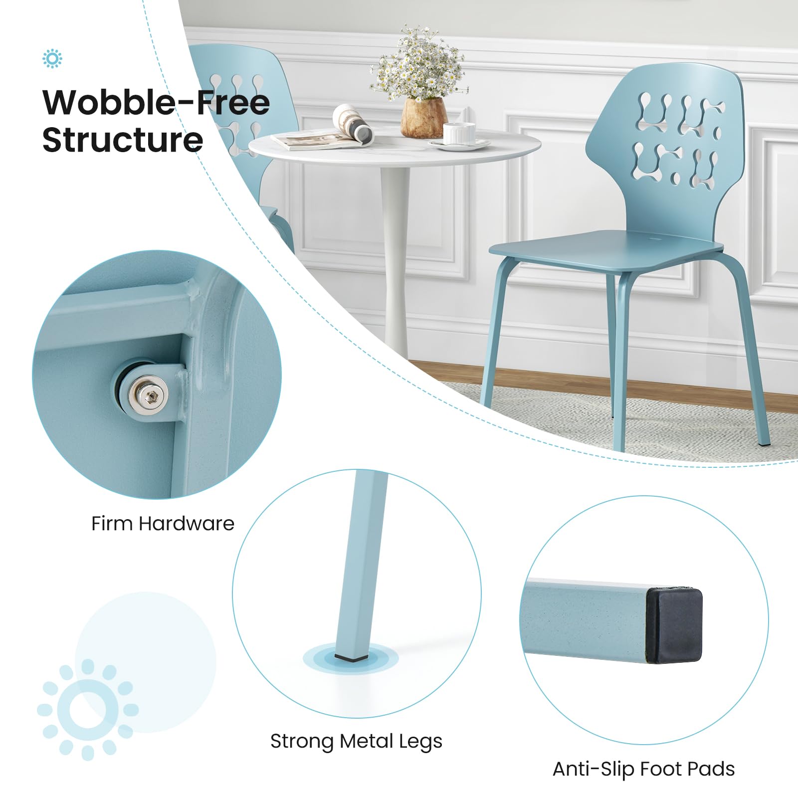 GOFLAME Armless Dining Chairs Set of 4 - Modern Hollow Backrest Metal Leg Accent Chairs for Kitchen, Dining & Living Room - Blue Velvet Upholstery - Perfect for Small Spaces & Contemporary Home Decor