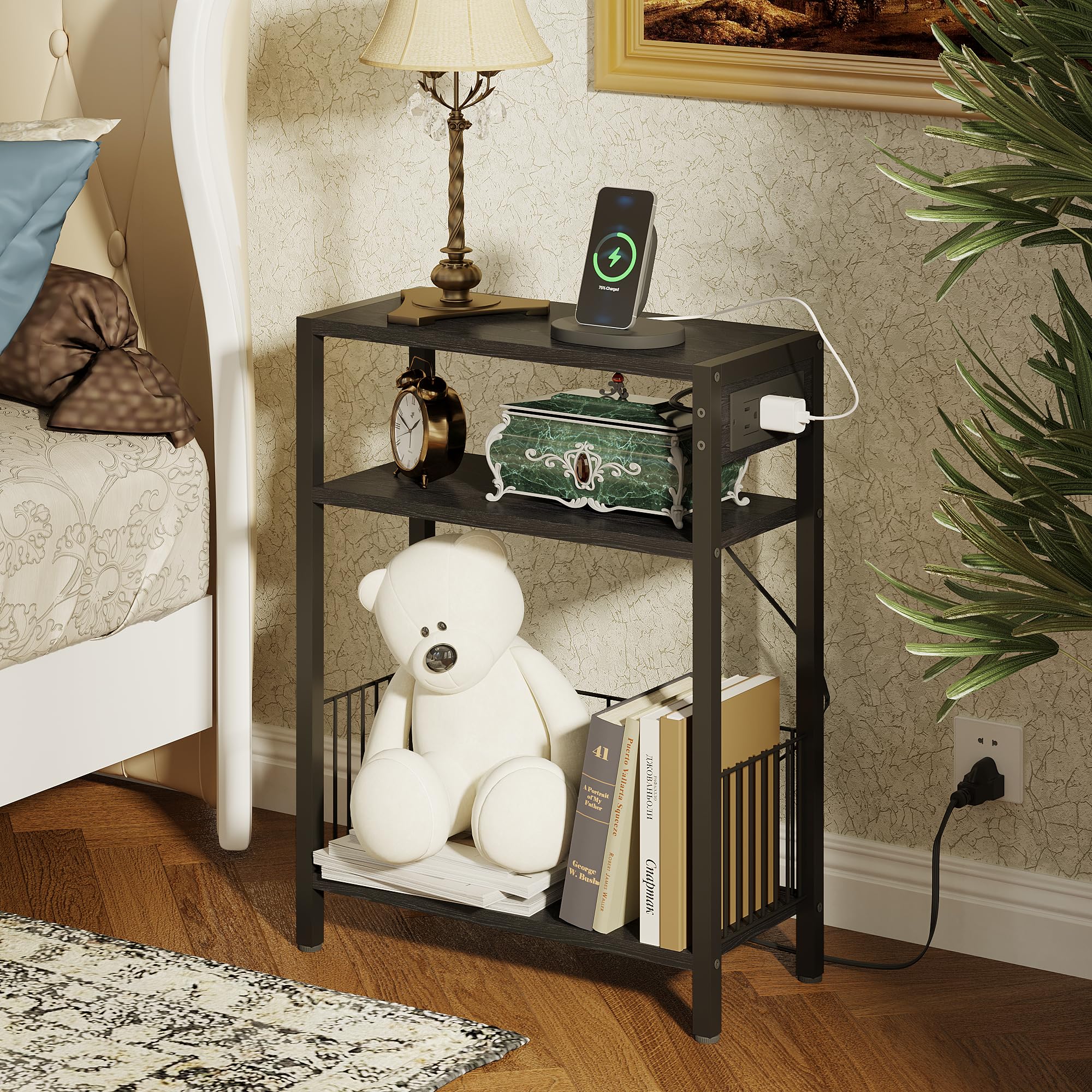 Slim Narrow Side Table with USB Charging Station - 3-Tier Small End Table with Storage Basket for Bedroom, Living Room - Space-Saving Nightstand for Apartments, Dorms - Black (Perfect for Tight Spaces, Charging Devices & Organizing Essentials)