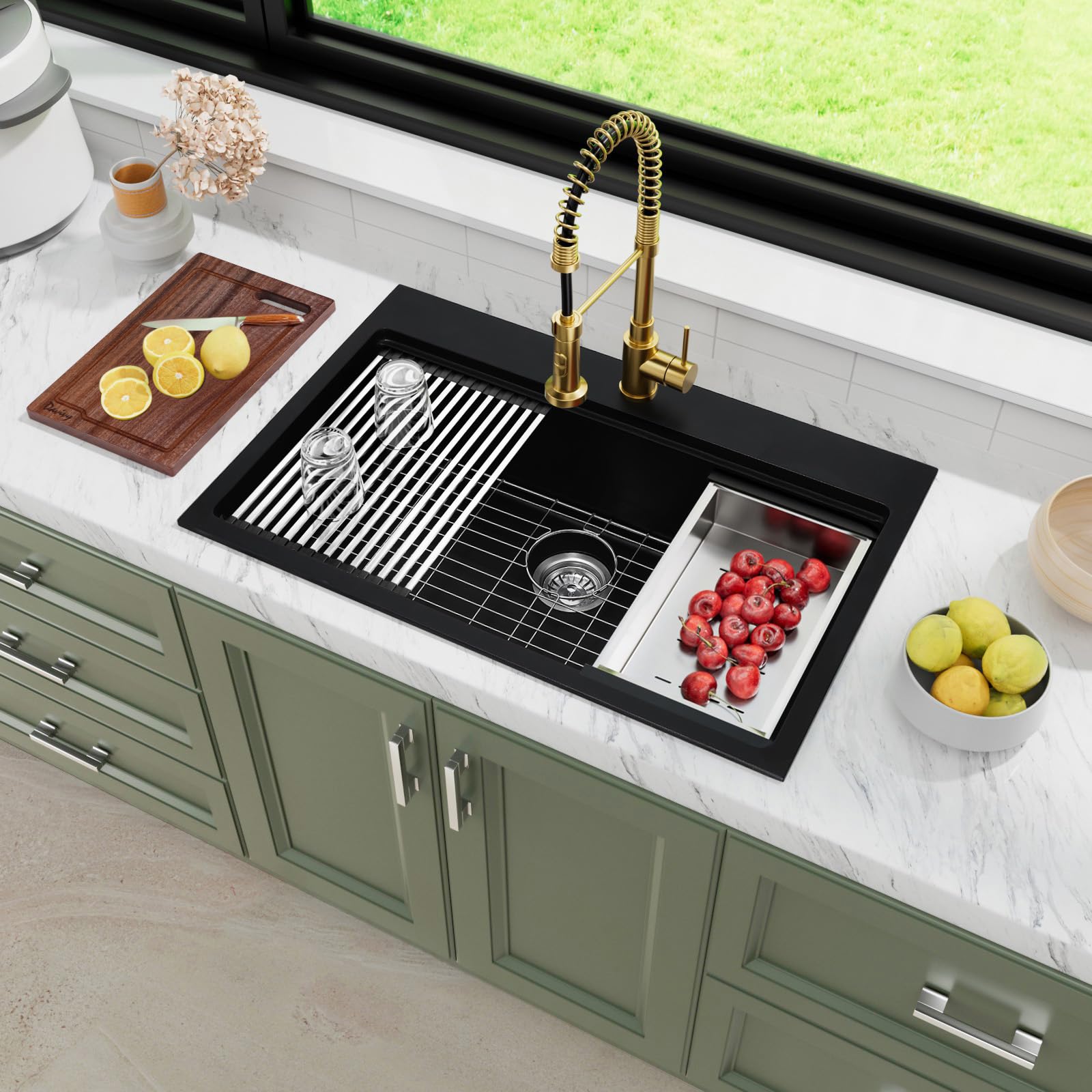 **Davivy 30-Inch Matte Black Granite Composite Kitchen Sink Workstation – 30 x 20 Inch Single Bowl Dual Mount Sink with Accessories – Perfect for Modern Kitchens & Heavy-Duty Cooking**