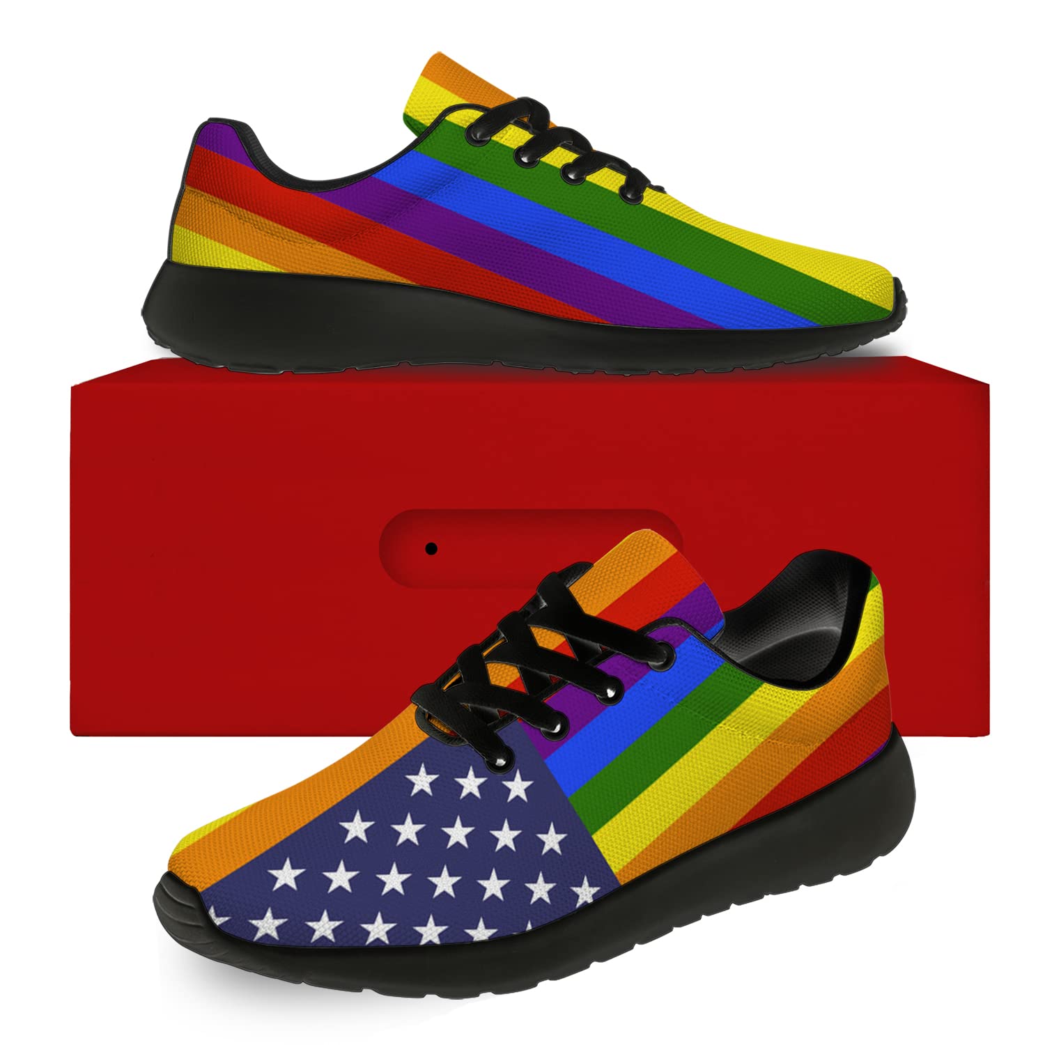 Rainbow Flag LGBTQ Running Shoes for Men & Women - Comfortable Walking & Tennis Sneakers - Gay Pride LGBT Lesbian Shoes - Size 11.5 Men/14 Women Black - Perfect for Pride Parades, Workouts & Casual Wear