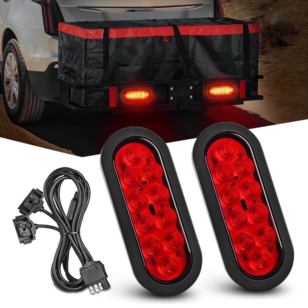 6 Inch Oval Red LED Trailer Tail Lights with Flush Mount Grommets & Wiring Harness - Waterproof Brake Lights for Trucks, Trailers, RVs & Boats - Durable Stop/Turn/Tail Lights for Safe Night Driving