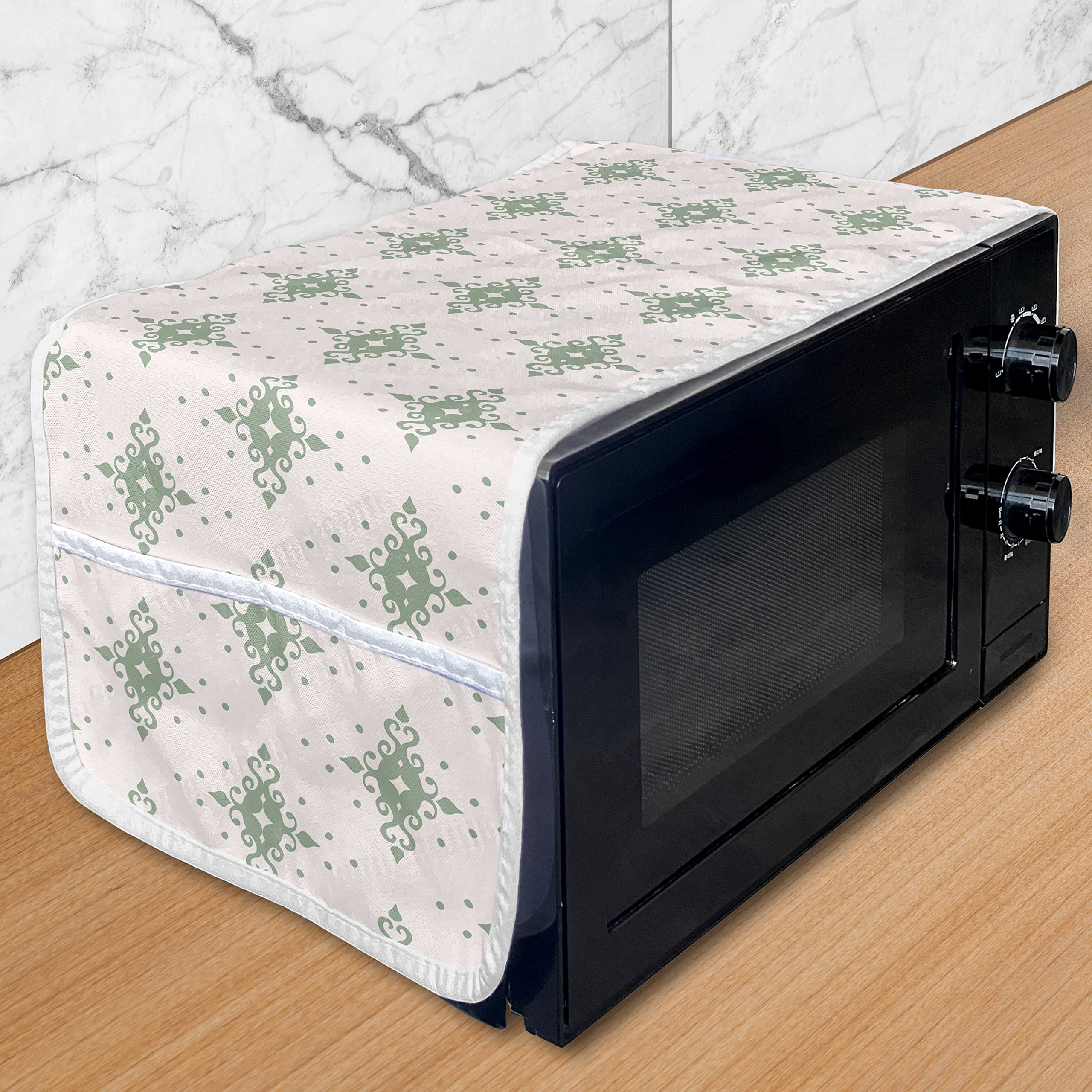 Ambesonne Boho Microwave Oven Cover - Waterproof Damask Floral Pattern Kitchen Organizer with Pockets, 36 x 12 Inches, Ivory & Reseda Green - Perfect for Bohemian Style Kitchens & Small Appliance Protection