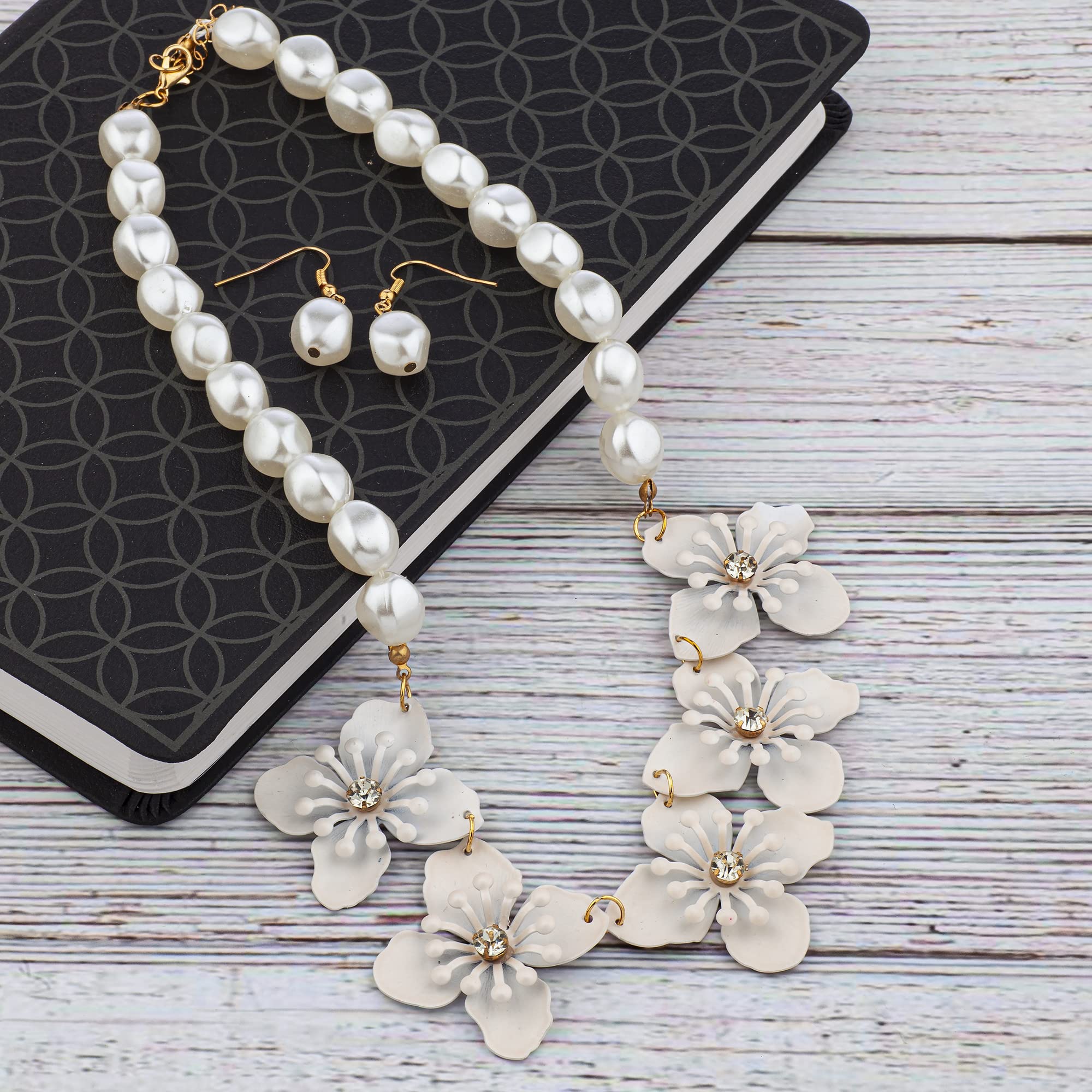 Nicole Miller Pearl Beaded Necklace & Earrings Set - Elegant White Floral Jewelry for Parties & Weddings
