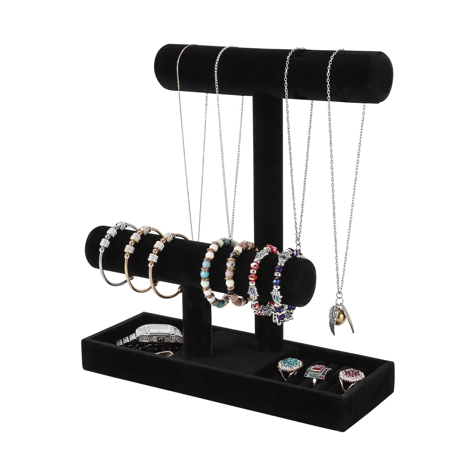 ByKen Jewelry Organizer Stand - Necklace & Bracelet Holder with Earrings & Rings Tray - Velvet Jewelry Display for Watches, Scrunchies & Accessories - Perfect for Bedroom Vanity, Dresser & Travel Storage (Black)