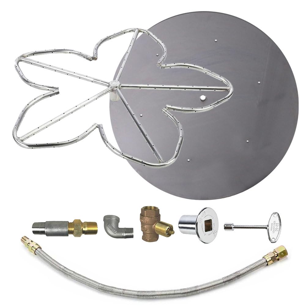 HPC Penta Match Lit Fire Pit Burner Kit - 12-Inch Stainless Steel Burner & 18-Inch Round Flat Pan - Propane Gas Fire Pit Accessories with Chrome Finish, Flange, Key, Valve & Flex Line - Perfect for Backyard, Patio, and Outdoor Gatherings