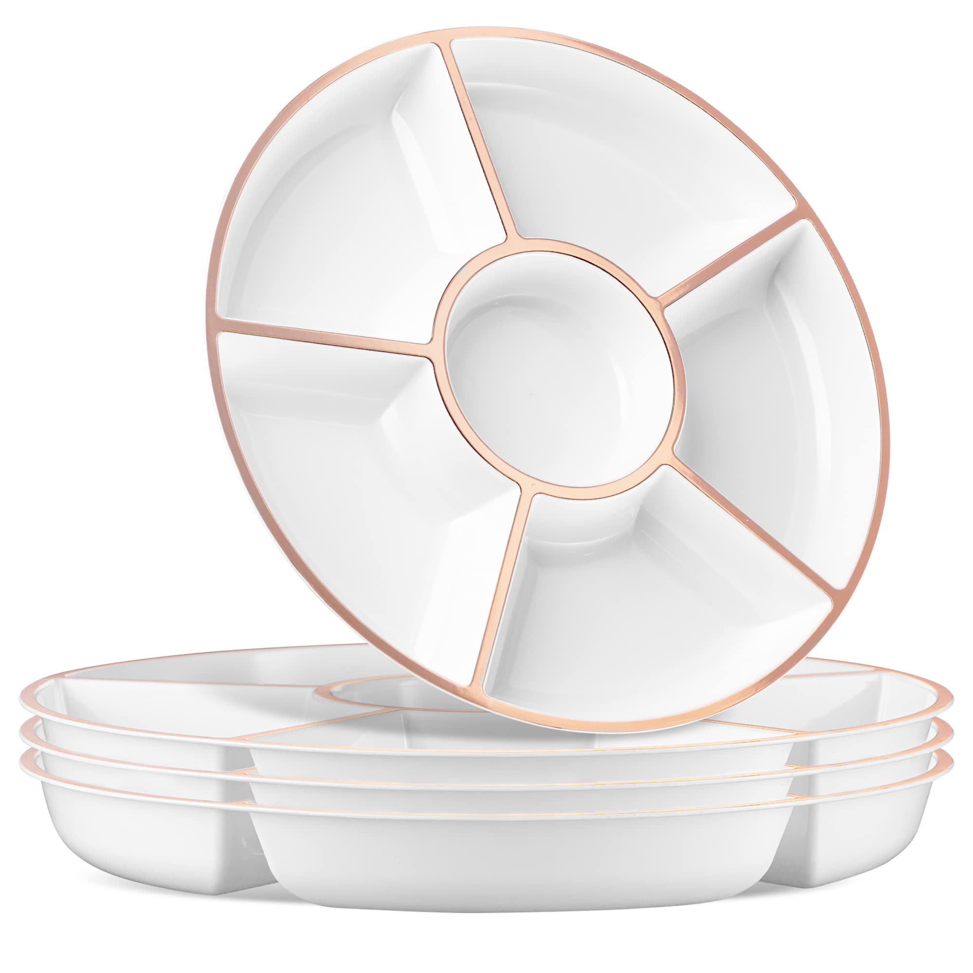 Plasticpro 6-Section Round Serving Tray Set - 4-Piece White & Rose Gold Appetizer Platter for Party Snacks, Entertaining Guests - Perfect for Weddings, Baby Showers & Holiday Gatherings - Ideal for Cocktail Parties, Bridal Showers & Christmas Celebrations - Great for Charcuterie Boards, Dessert Displays & Finger Food Serving at Home Events - Elegant Serving Solution for Cheese, Fruits, Canapés and Hors d'oeuvres at Dinner Parties and Special Occasions