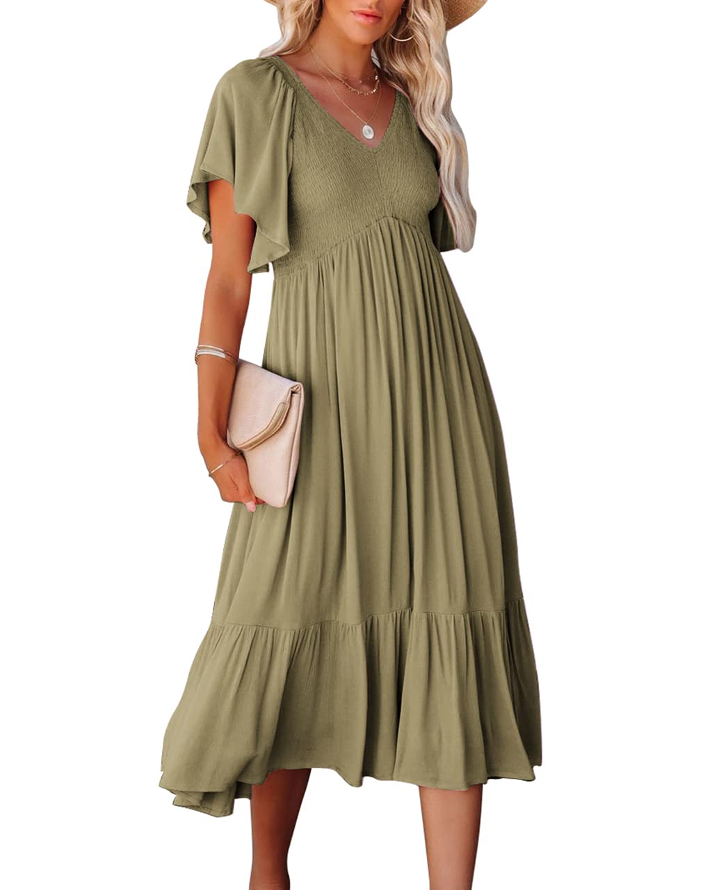 Zwurew Women's Boho Summer Dress - Casual Short Sleeve Ruffle Flowy Smocked Midi Dress for Maternity, Beach, Vacation & Everyday Wear