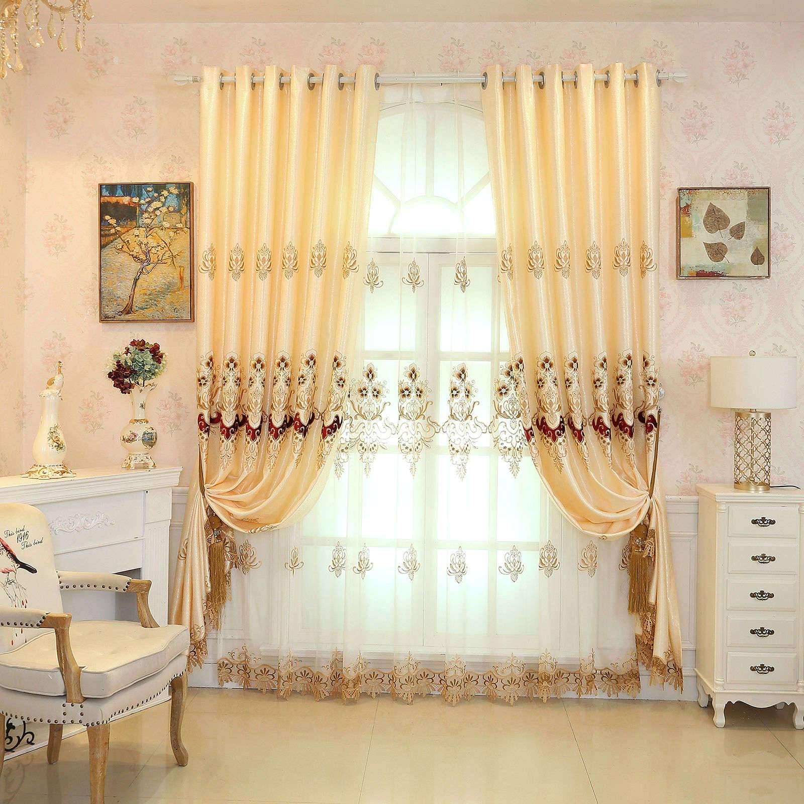 HUOLEO European Style Voile Curtains Set of 2 - Embroidered Jacquard Blackout Drapes for Living Room & Bedroom (Yellow, 140x260cm/55x102in) - Elegant Window Treatment for Home Decor & Light Control