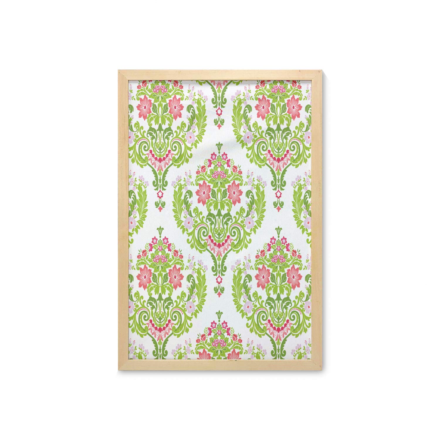 Ambesonne Floral Damask Wall Art with Frame - Green Foliage Design Printed Fabric Poster 23x35 Inches, Green Coral Pale Mauve - Perfect for Bathroom, Living Room, Bedroom & Dorm Decor