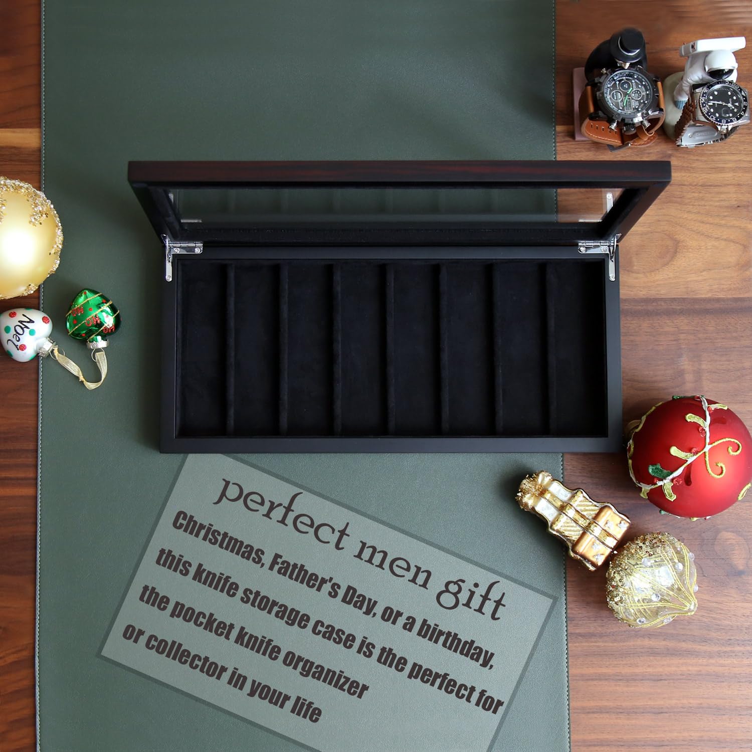 Premium 8-Pocket Knife Display Case with Glass Window - Ebony Finish Knife Storage Box for Collectors - Perfect Gift for Men & Knife Enthusiasts - Ideal for Home Display, Office Decor, and Collection Protection
