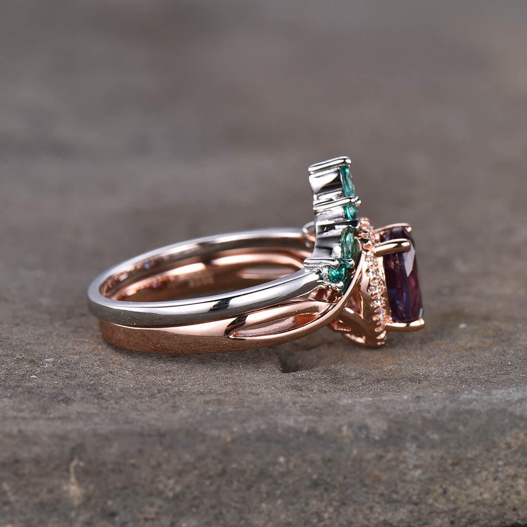 Infinity Alexandrite Engagement Ring Set with Lab-Grown Emerald Curved Matching Band - 2 Piece Bridal Jewelry Set for Weddings, Anniversaries & Special Occasions