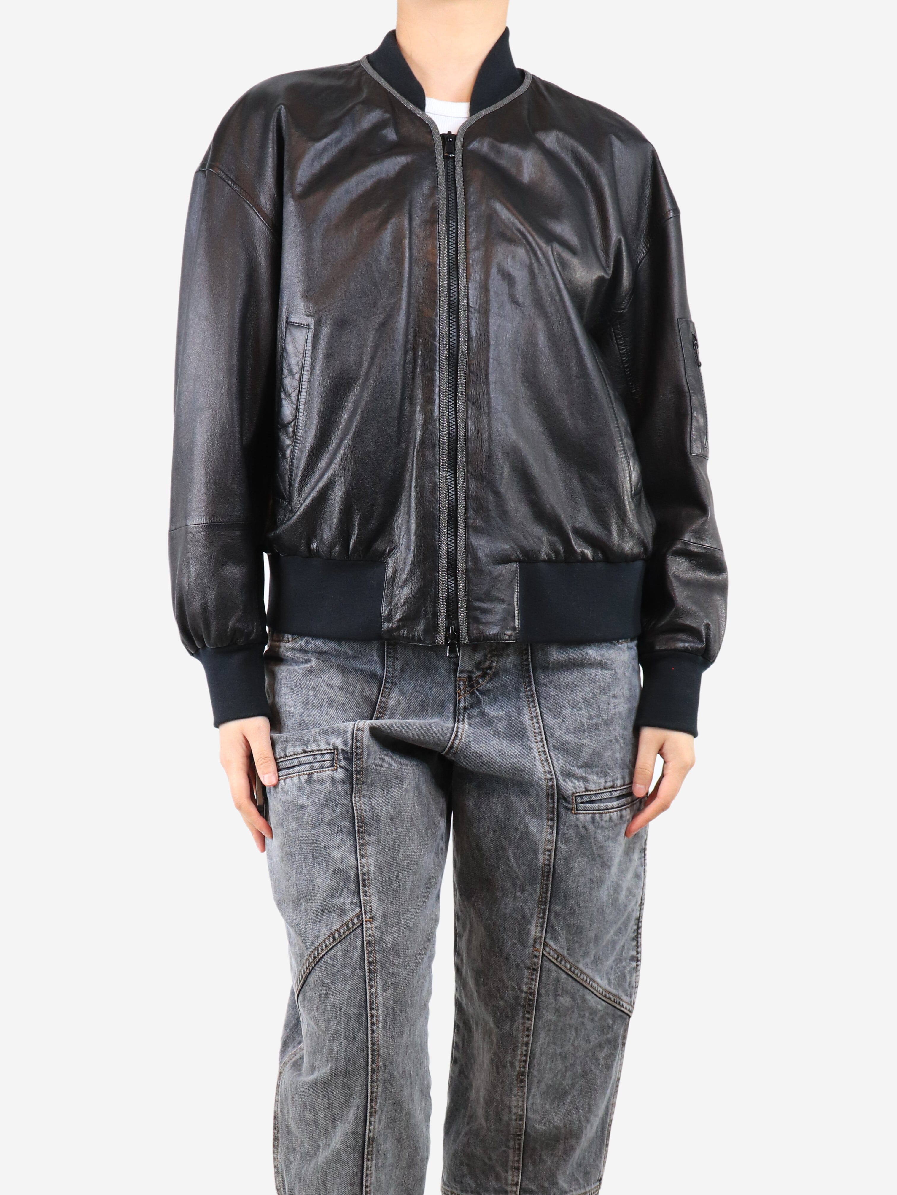 Black Leather Bomber Jacket - Size UK 10 (US Women's 6) - Stylish Outerwear for Women | Perfect for Casual Wear, Night Out & Fall Fashion