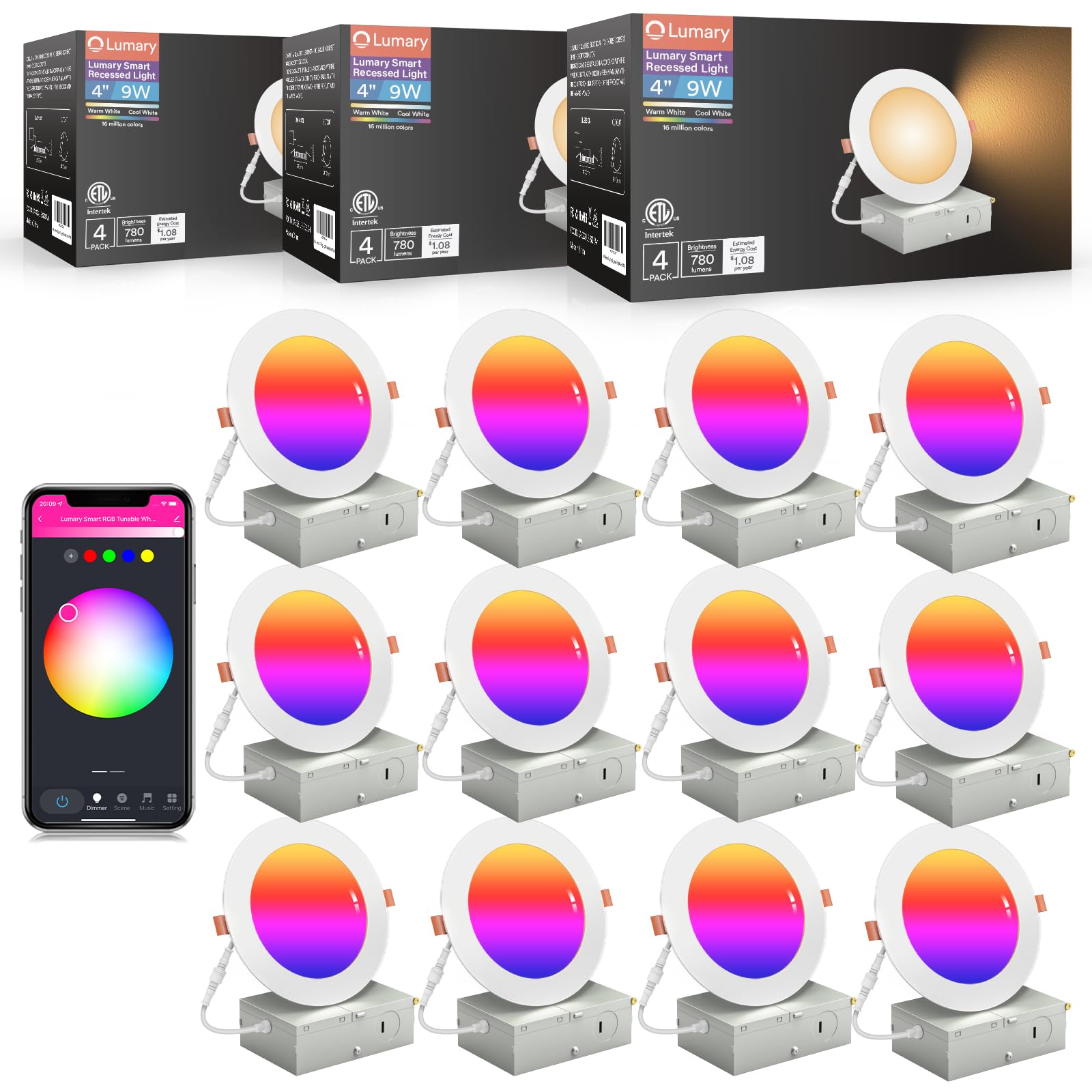 Lumary 4 Inch Smart Recessed Lighting - 12 Pack Color Changing LED Downlights with Wi-Fi/Bluetooth, 9W 780lm, Works with Alexa & Google Assistant - Perfect for Living Room, Kitchen & Bedroom Ceiling Lights